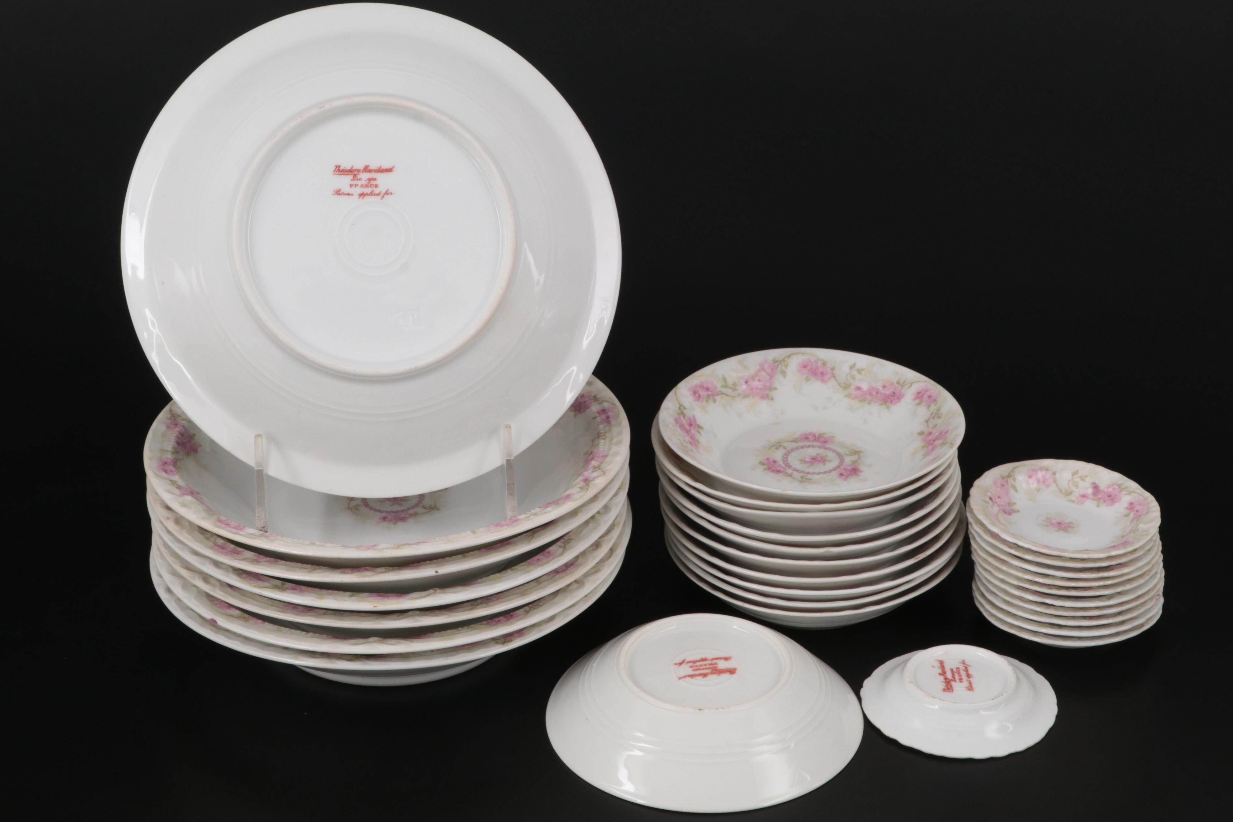 Theodore Haviland Pink Floral Limoges Porcelain Dinnerware and Serveware
