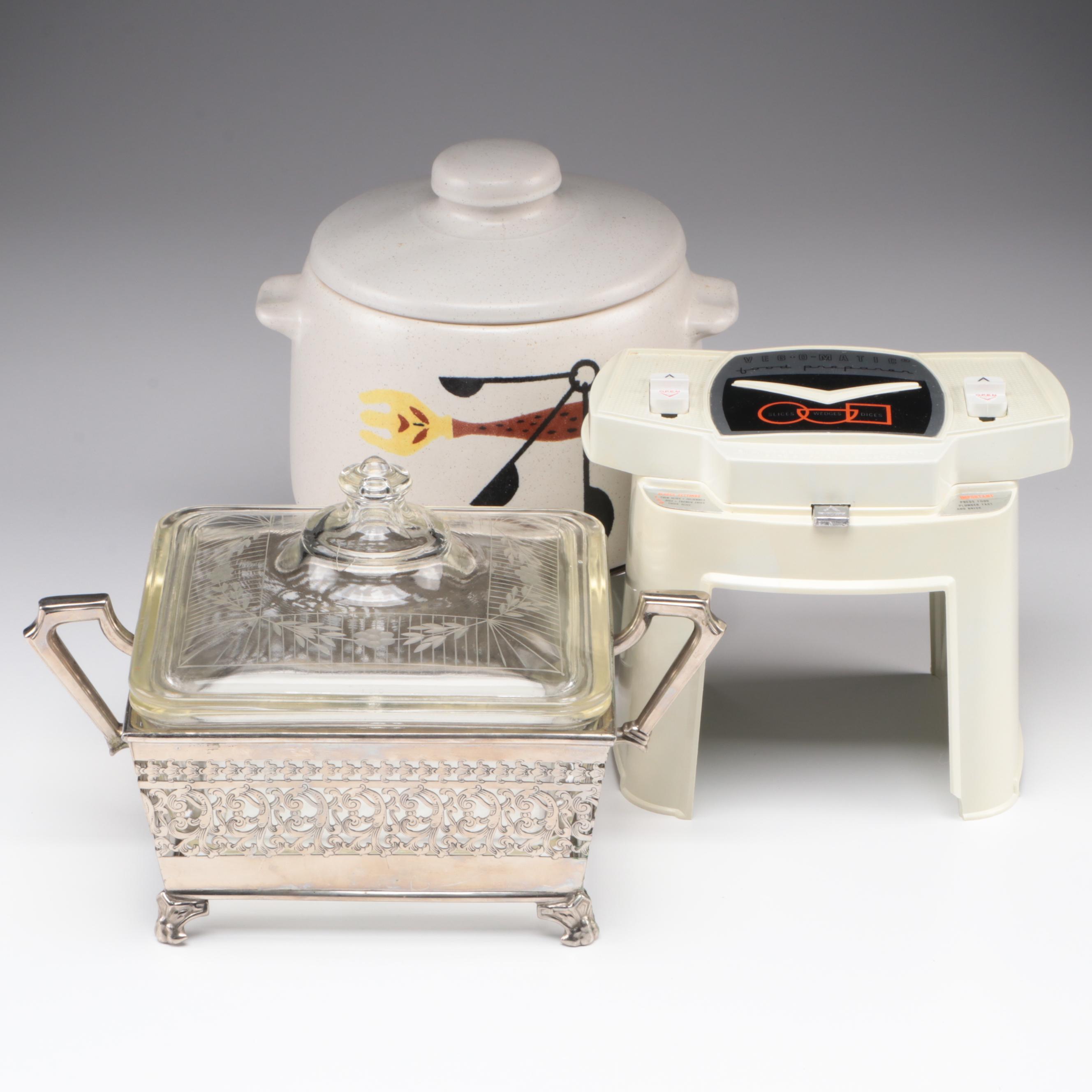 West Bend Ceramic Food Warmer, Pyrex Lidded Serving Dish and Popeil Veg-o-Matic