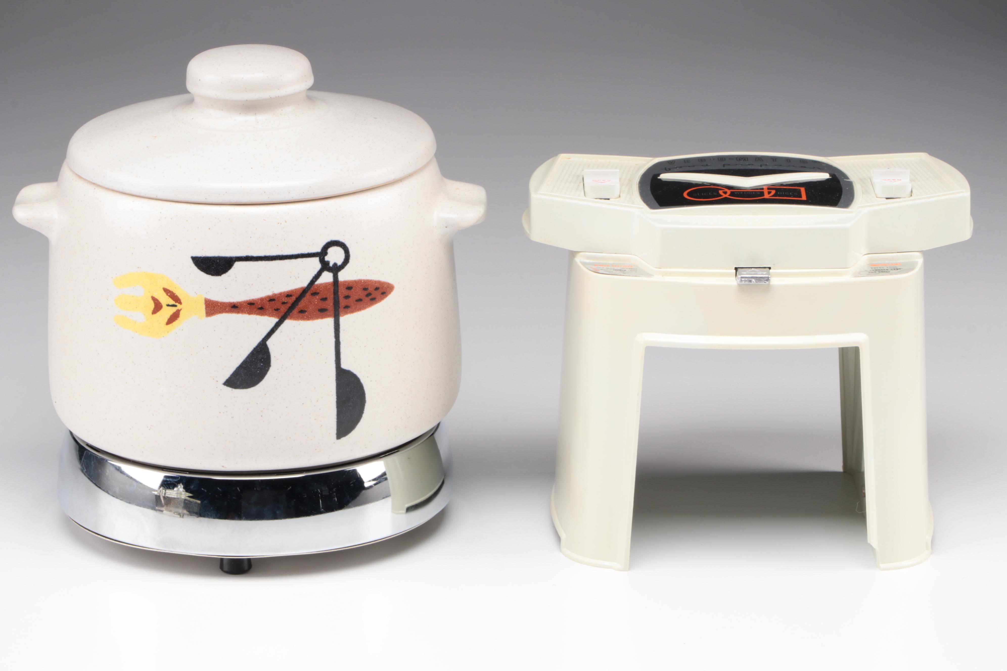 West Bend Ceramic Food Warmer, Pyrex Lidded Serving Dish and Popeil Veg-o-Matic