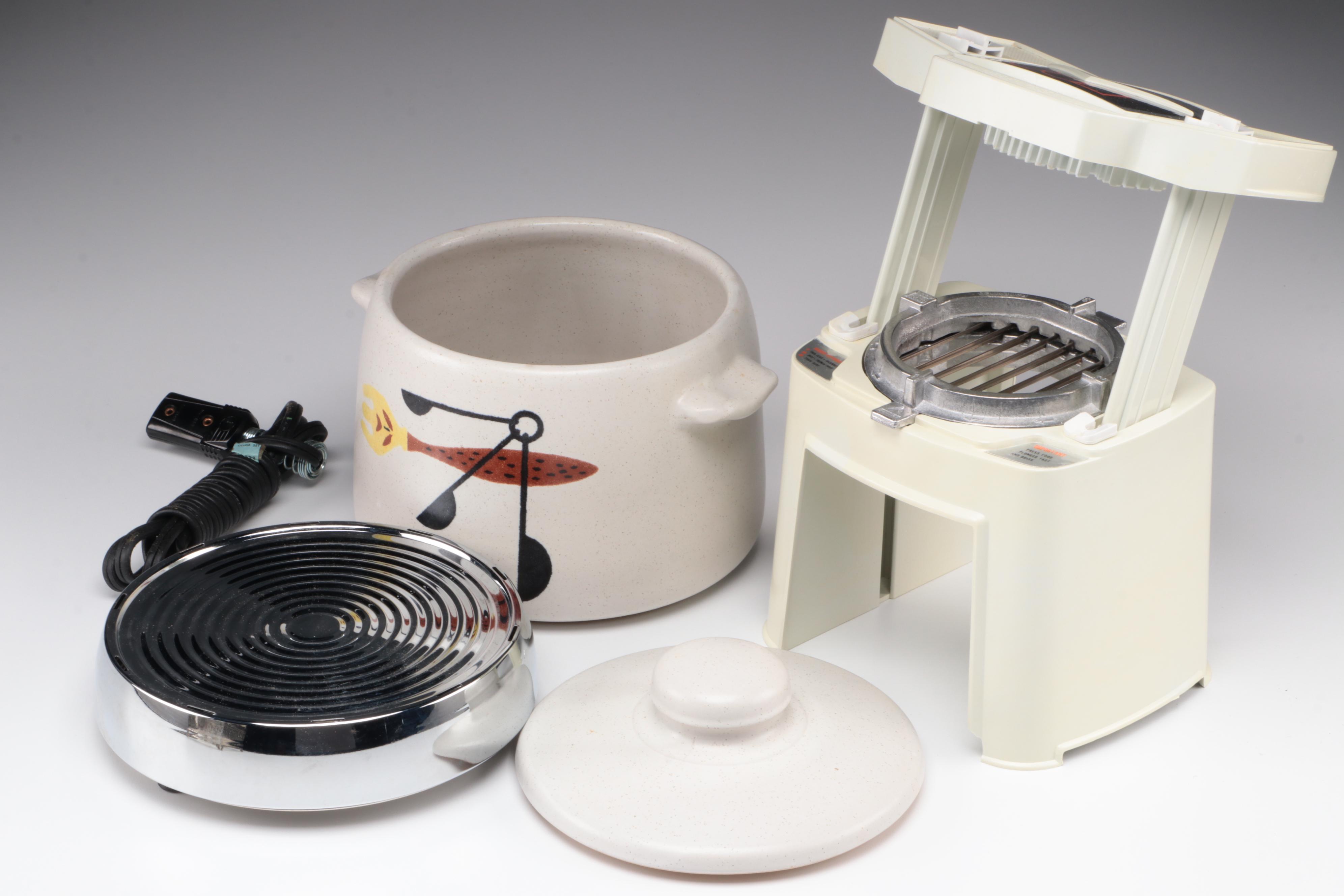 West Bend Ceramic Food Warmer, Pyrex Lidded Serving Dish and Popeil Veg-o-Matic