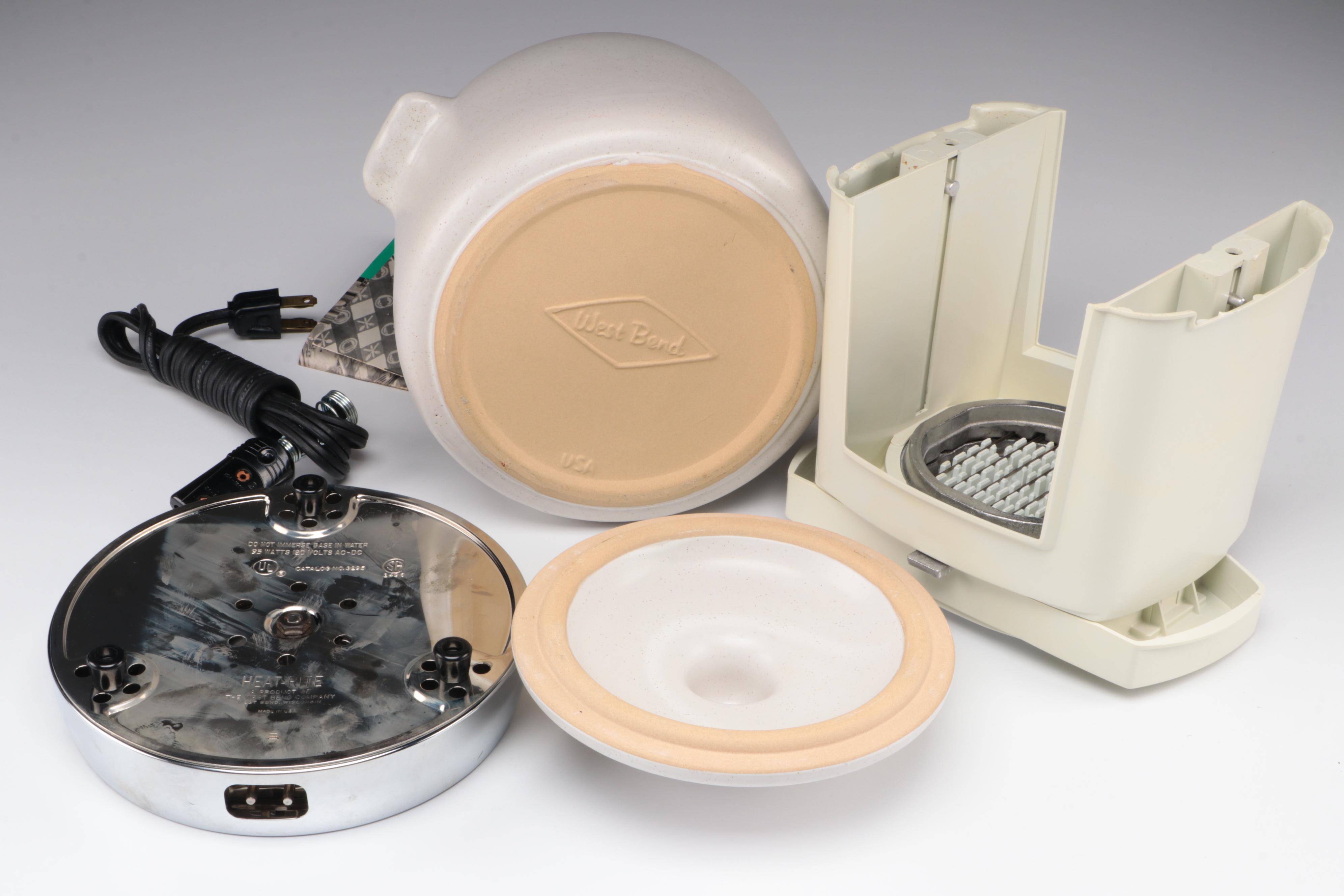 West Bend Ceramic Food Warmer, Pyrex Lidded Serving Dish and Popeil Veg-o-Matic