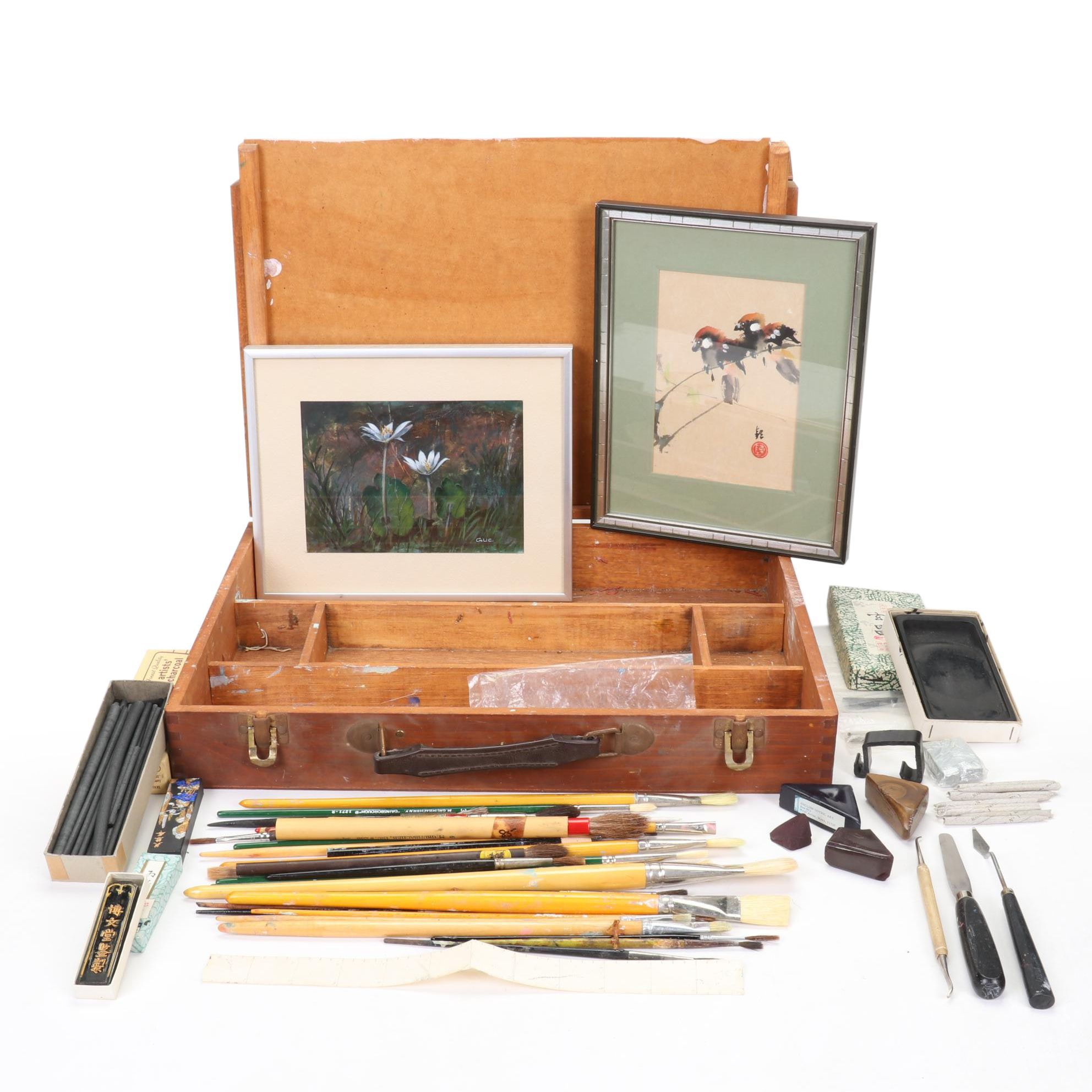 Wood Artist Palette Box With Supplies and Watermedia Paintings
