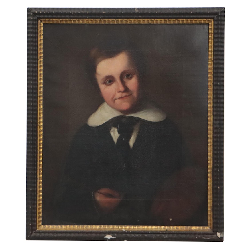 American School Child's Portrait Oil Painting, Mid-19th Century