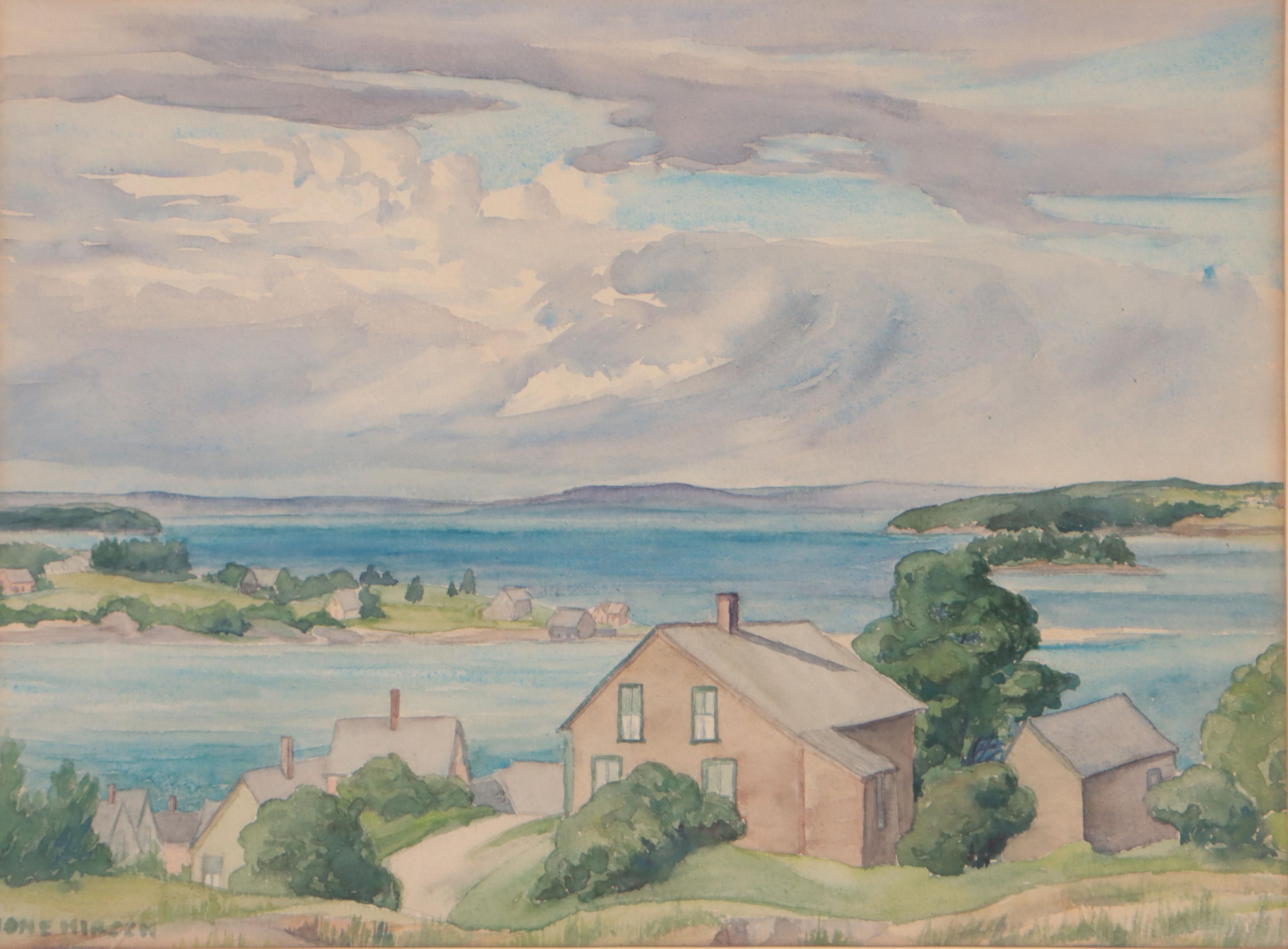 Watercolor Painting of Coastal Village and Rolling Clouds, Mid-20th Century