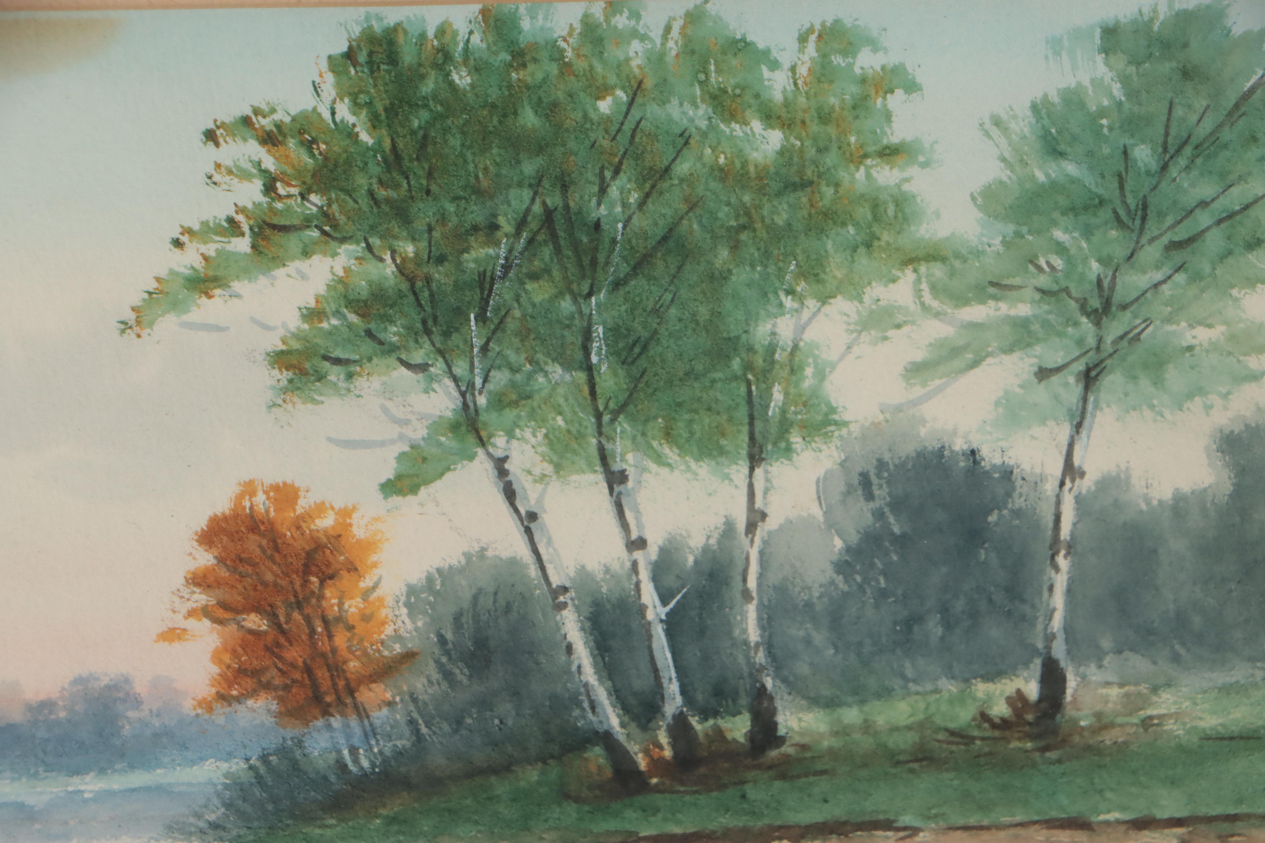 Watercolor Painting of River Landscape