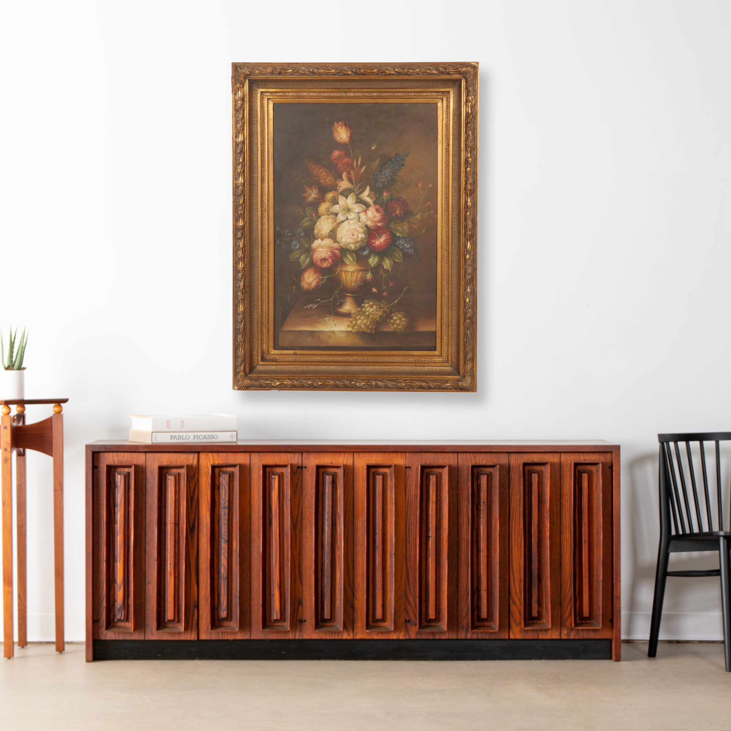 Still Life Oil Painting of Flowers and Grapes, Late 20th Century