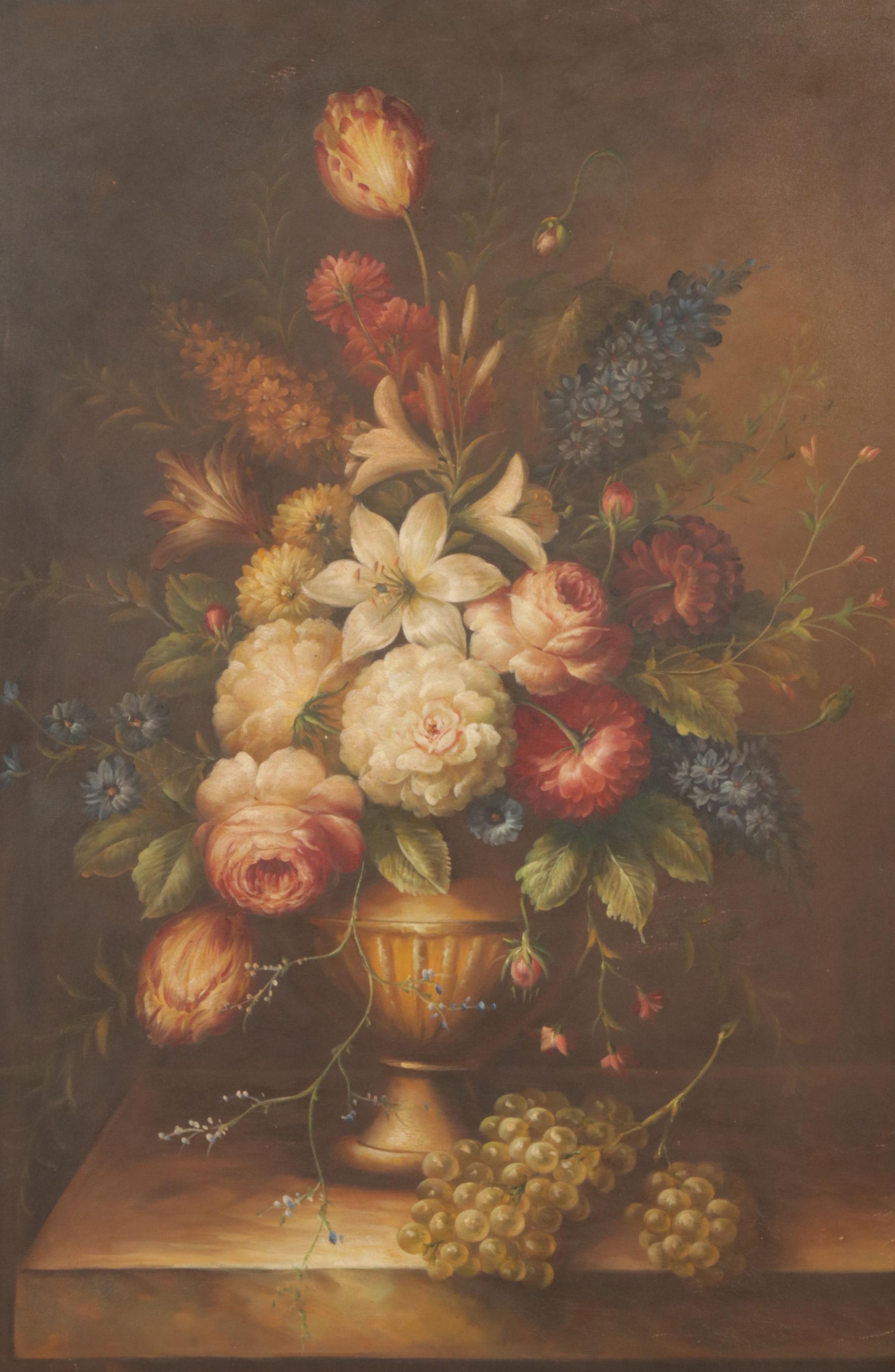 Still Life Oil Painting of Flowers and Grapes, Late 20th Century