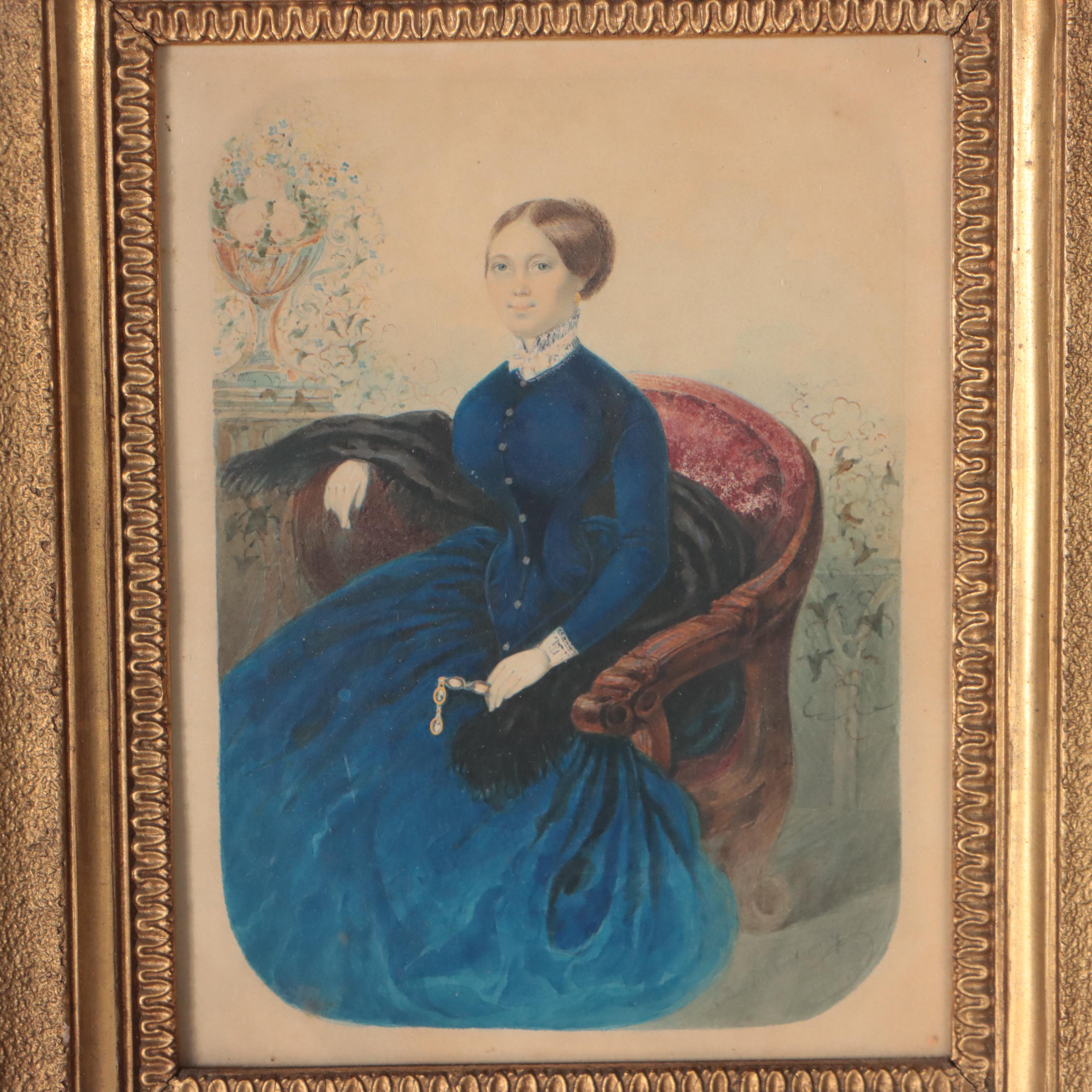 Watercolor Paintings of Portrait of Woman and Basket of Flowers, 19th Century