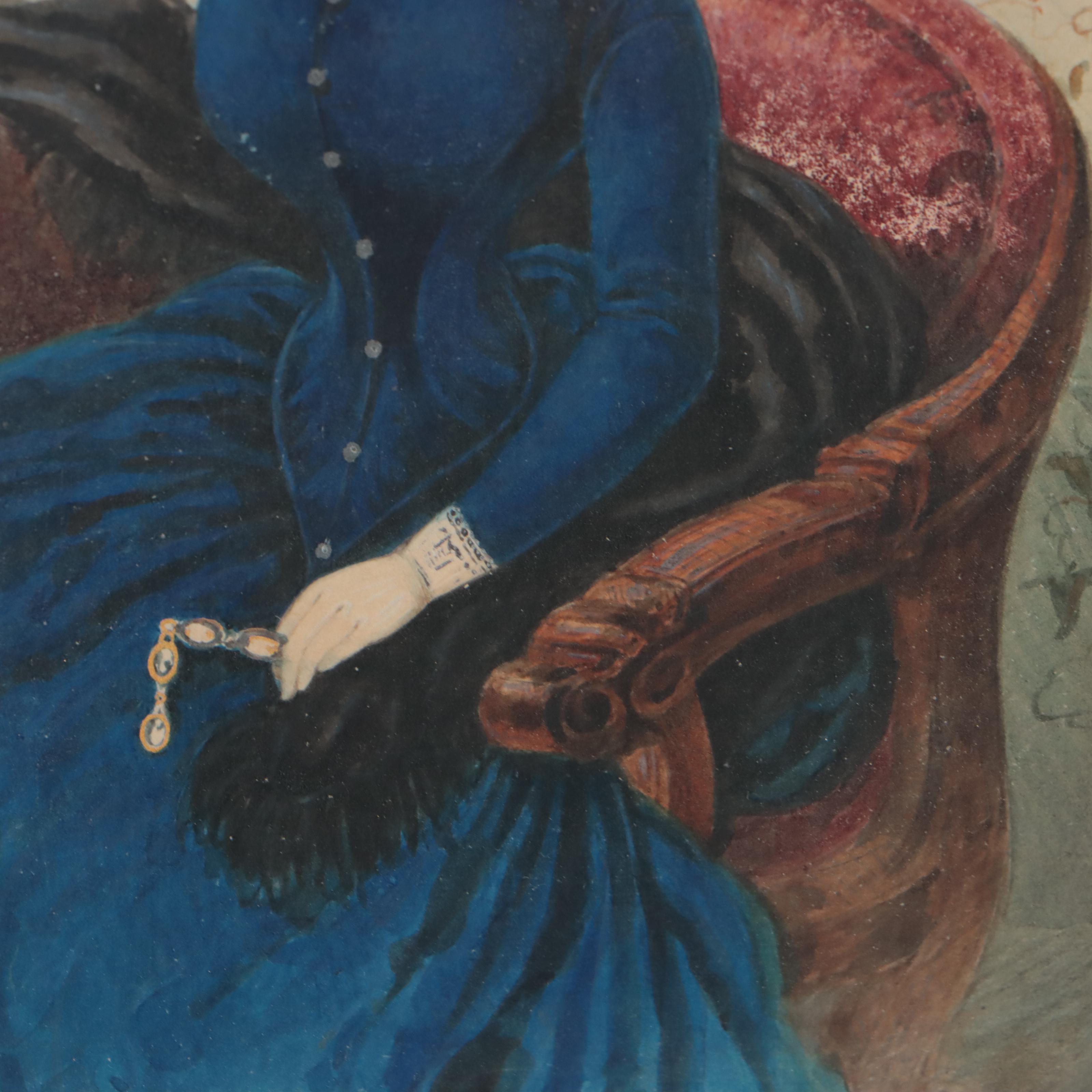 Watercolor Paintings of Portrait of Woman and Basket of Flowers, 19th Century