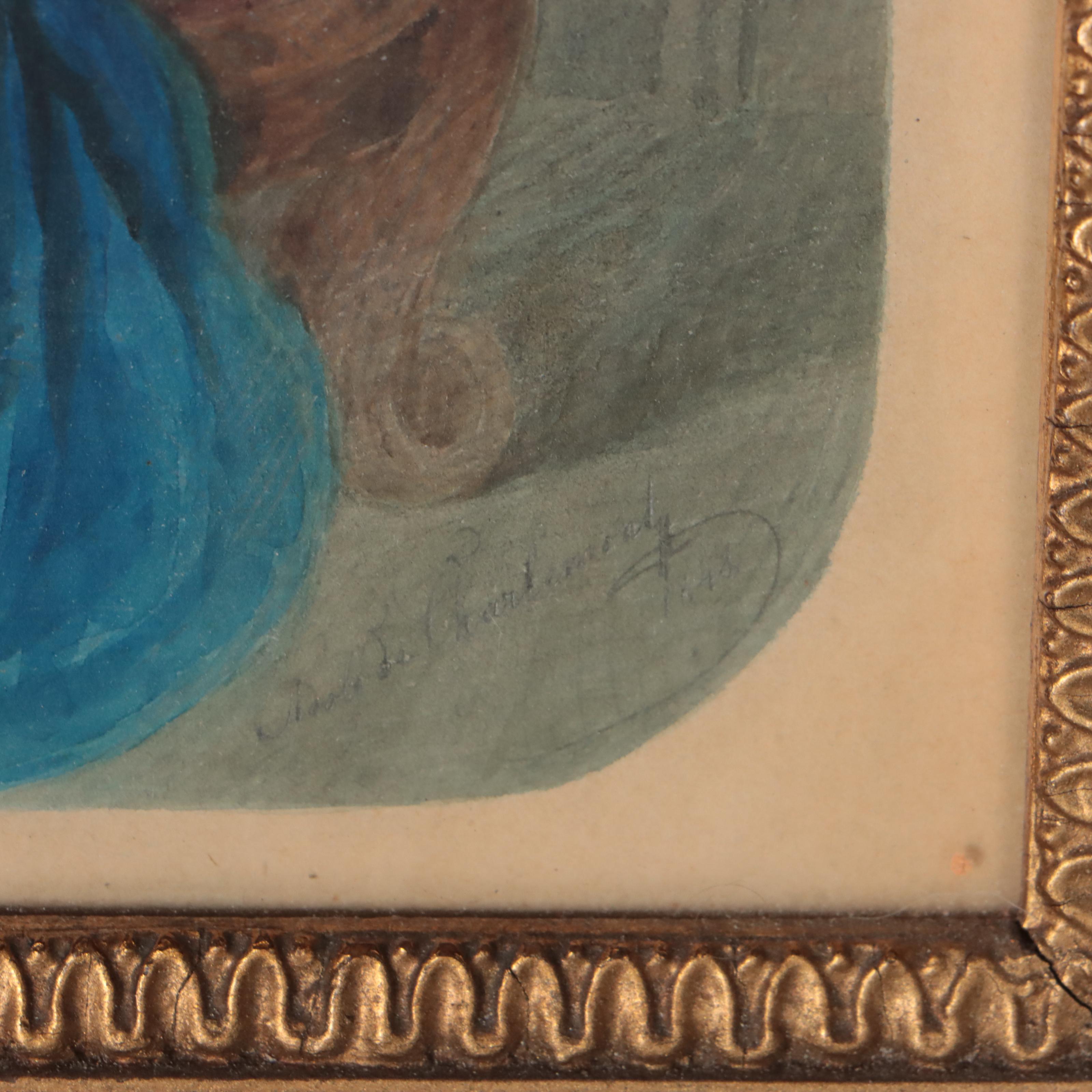 Watercolor Paintings of Portrait of Woman and Basket of Flowers, 19th Century