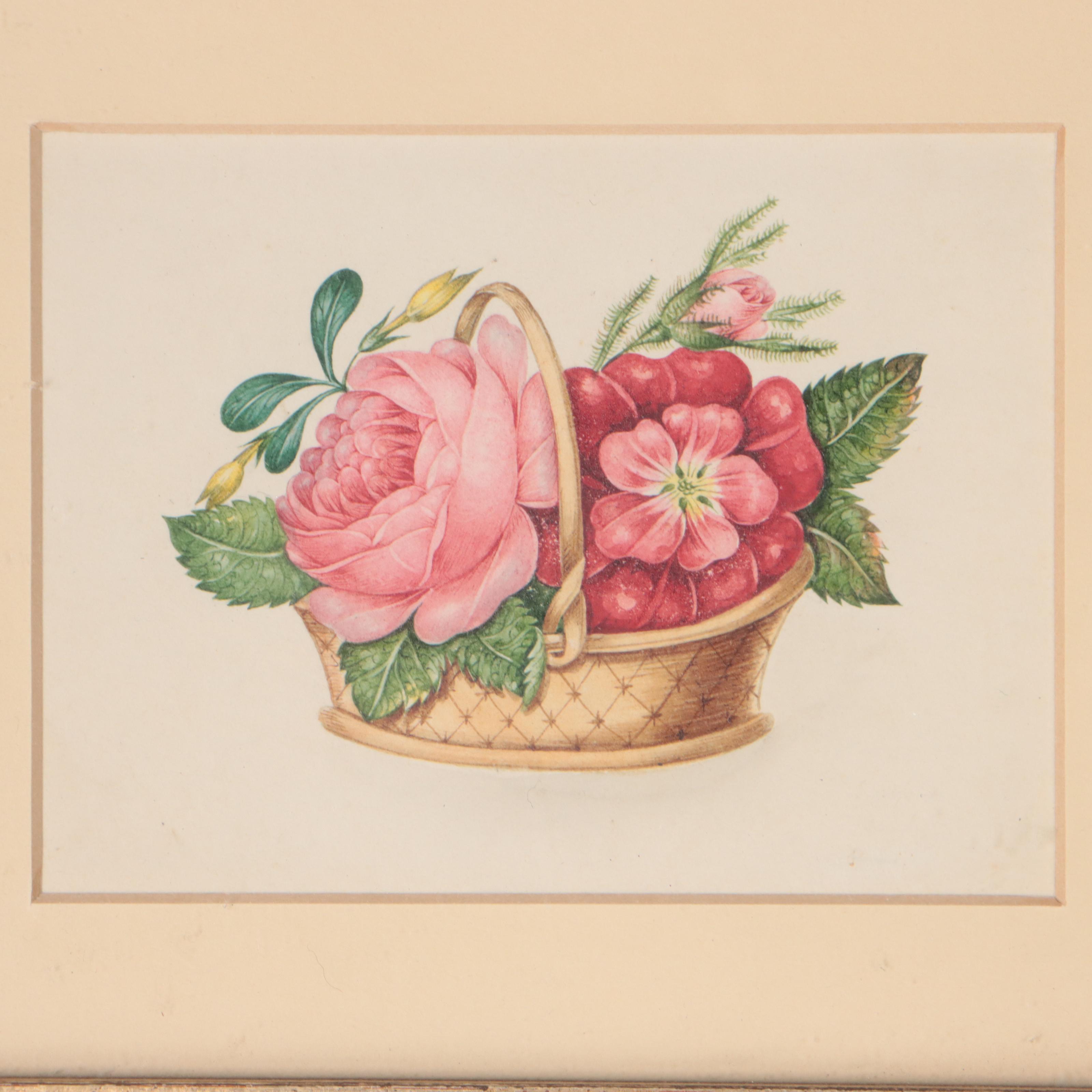 Watercolor Paintings of Portrait of Woman and Basket of Flowers, 19th Century