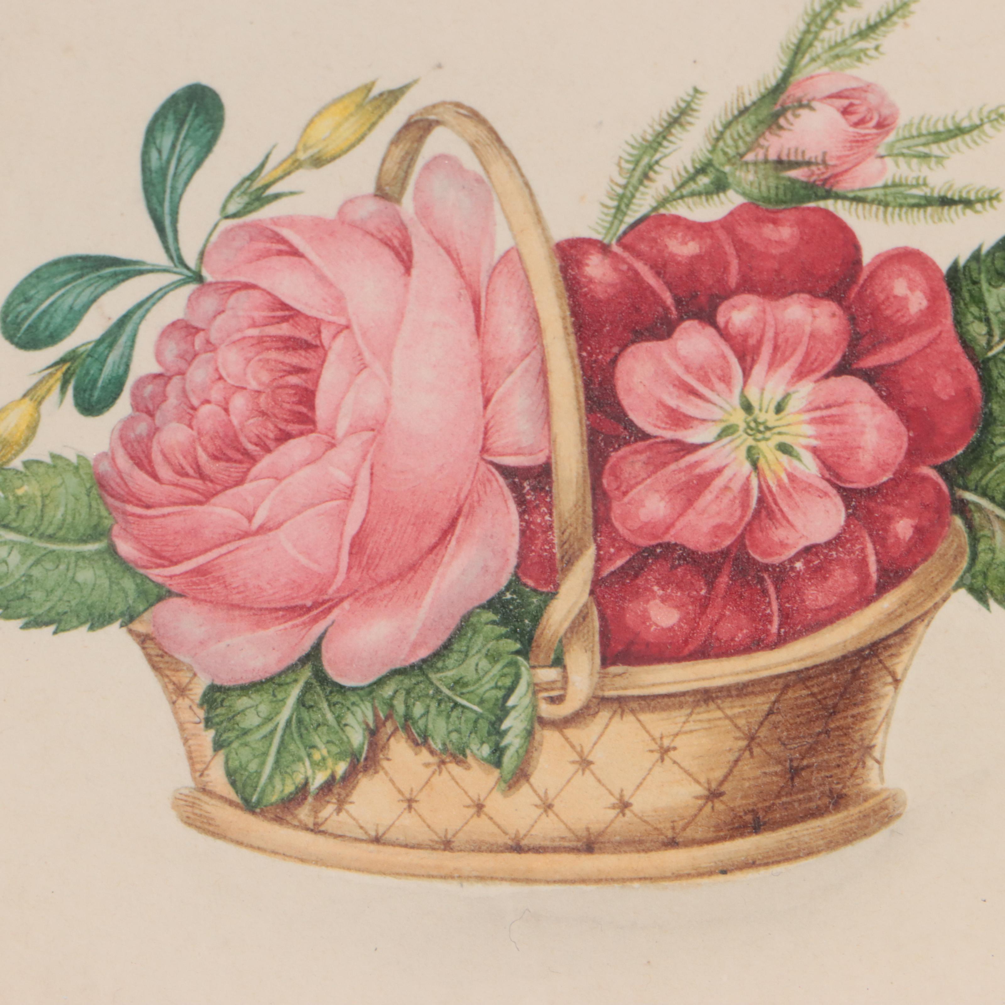 Watercolor Paintings of Portrait of Woman and Basket of Flowers, 19th Century