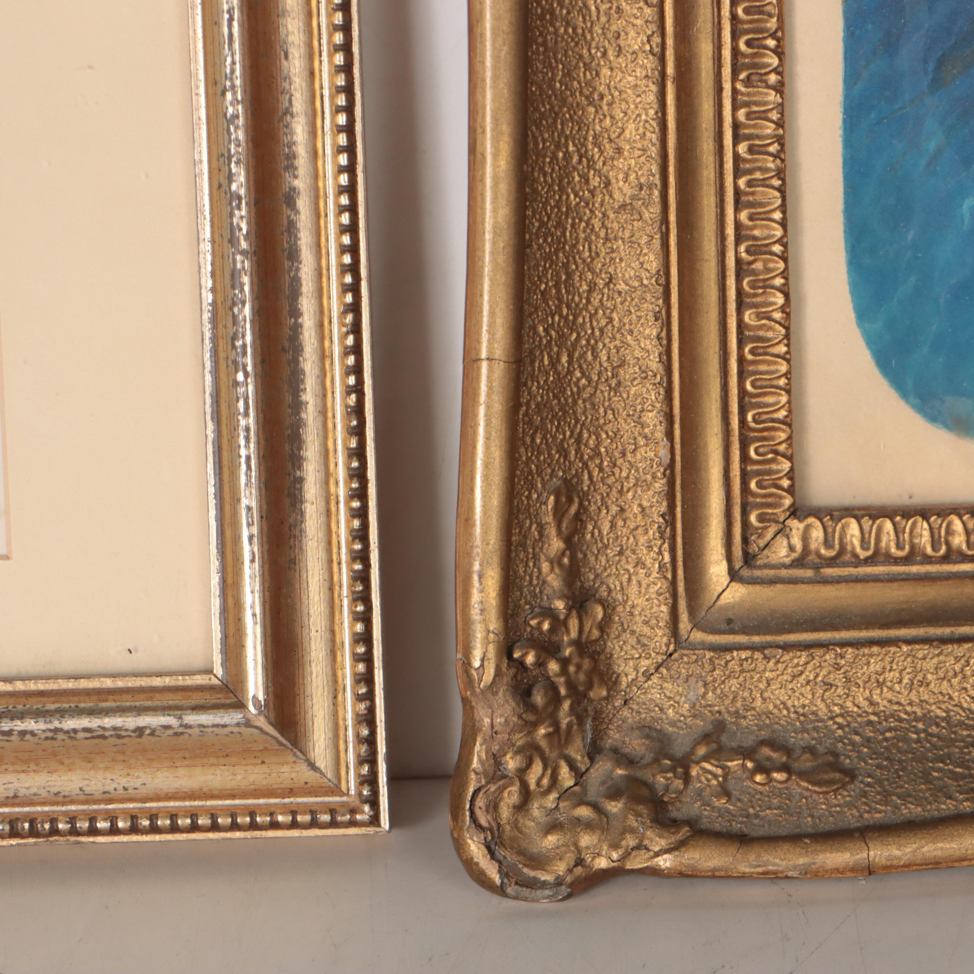 Watercolor Paintings of Portrait of Woman and Basket of Flowers, 19th Century