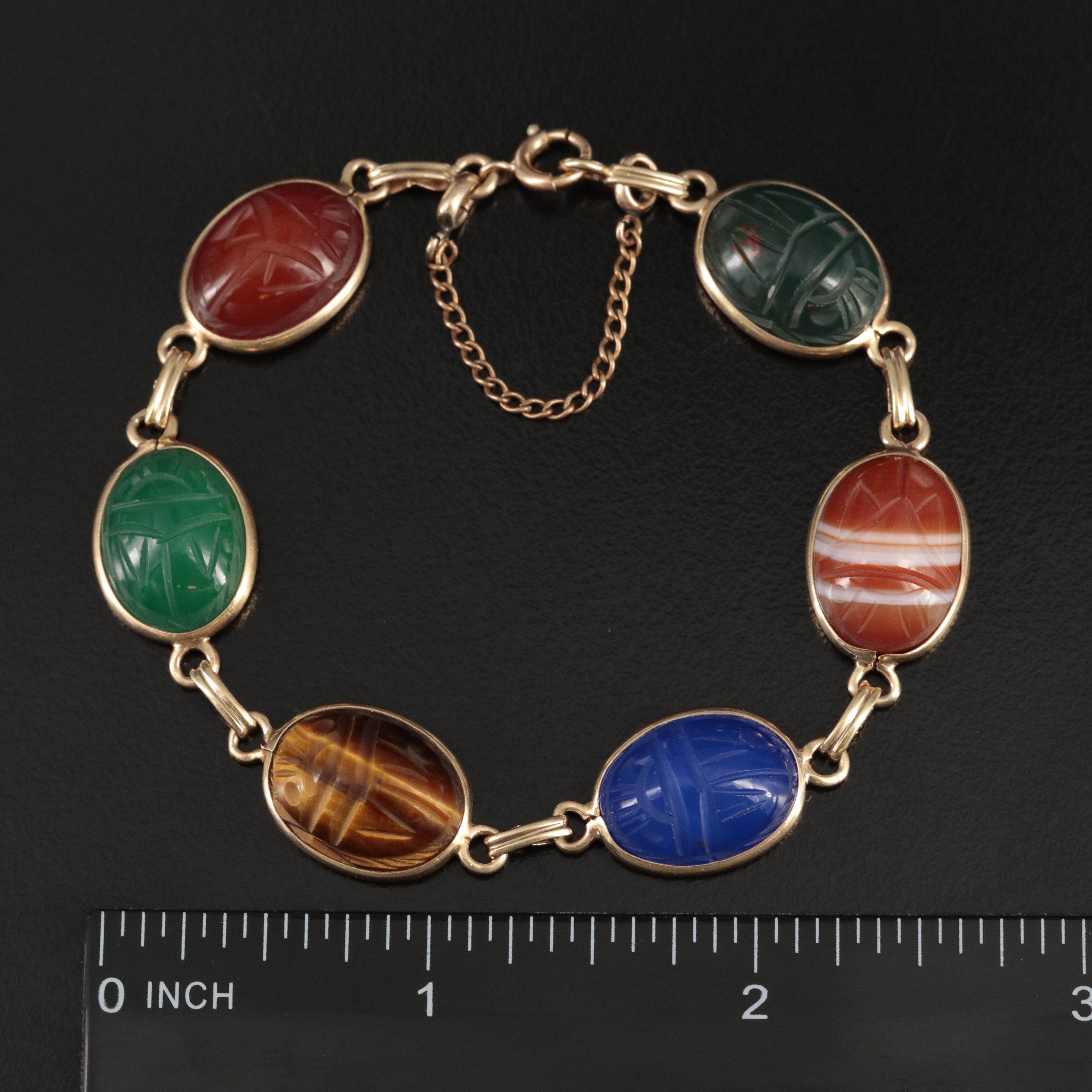 14K Tiger's Eye, Agate, Bloodstone, Chalcedony and Carnelian Scarab Necklace