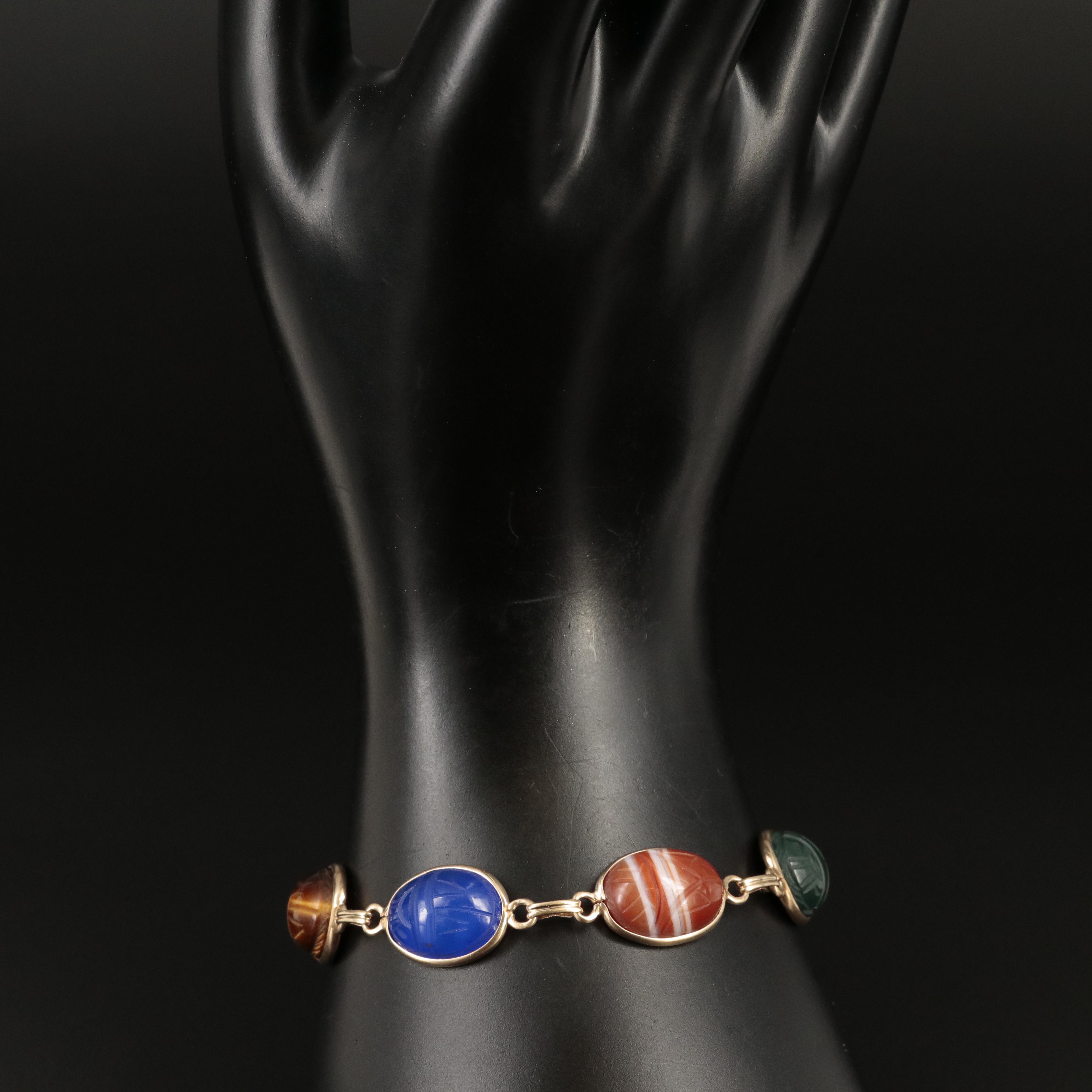 14K Tiger's Eye, Agate, Bloodstone, Chalcedony and Carnelian Scarab Necklace