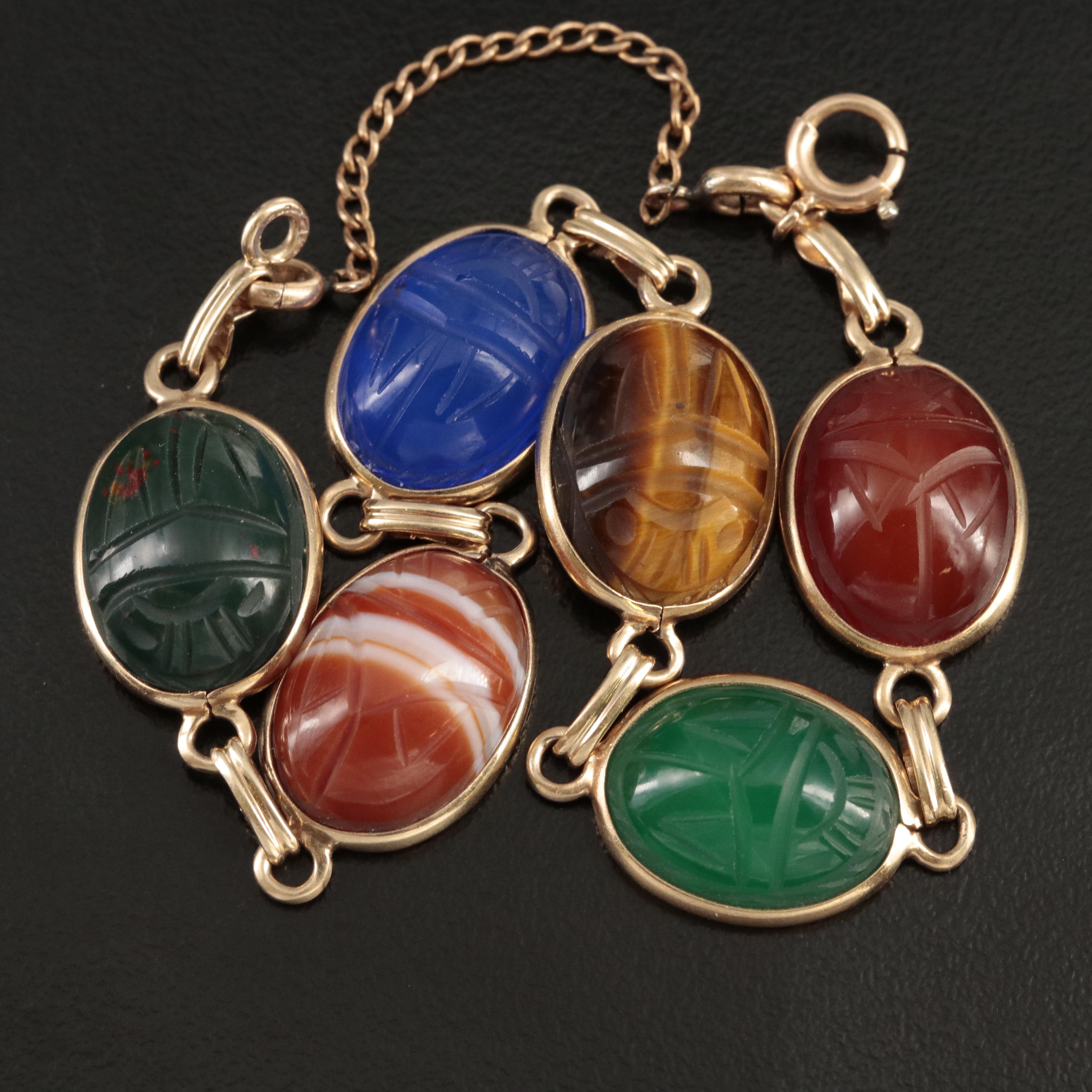14K Tiger's Eye, Agate, Bloodstone, Chalcedony and Carnelian Scarab Necklace