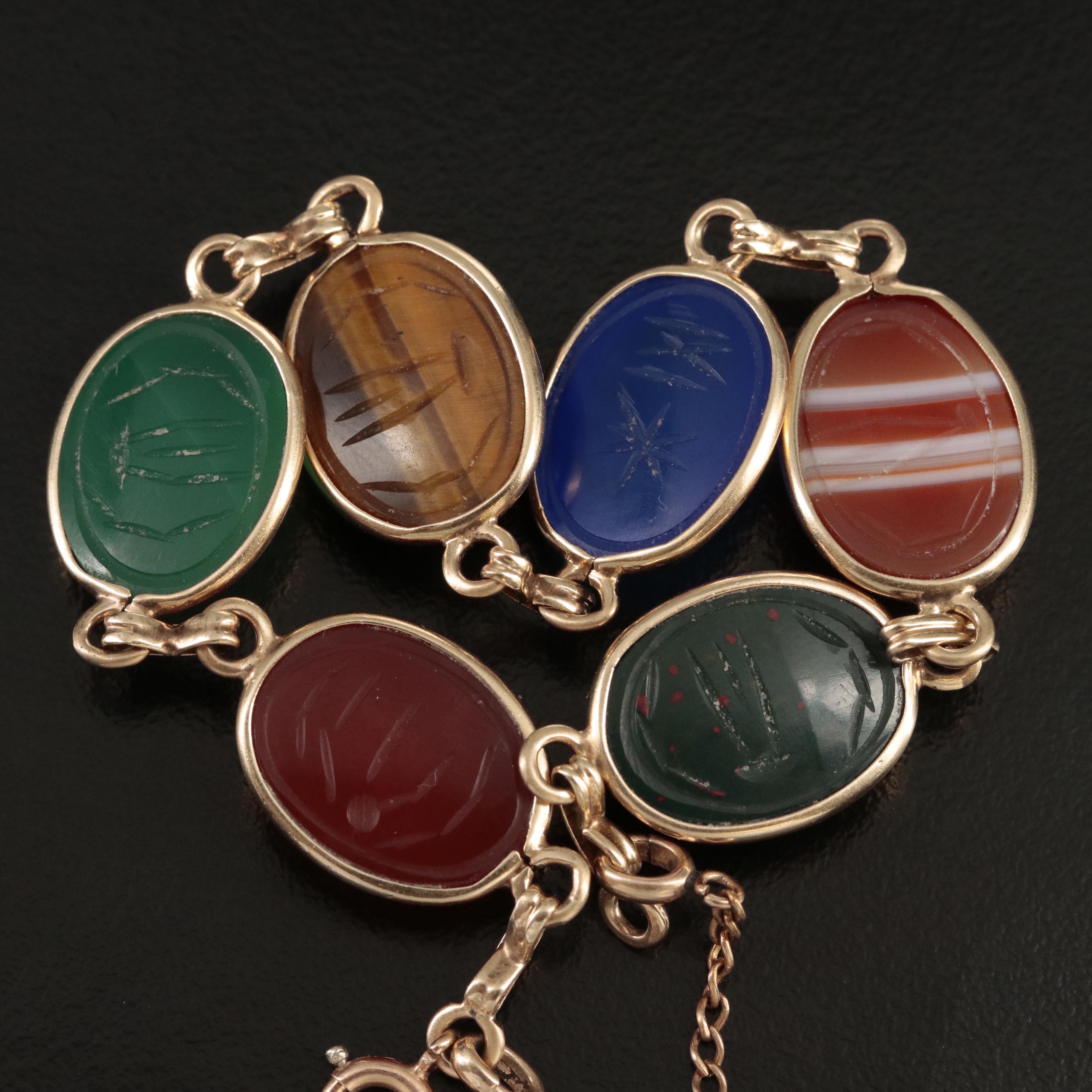 14K Tiger's Eye, Agate, Bloodstone, Chalcedony and Carnelian Scarab Necklace