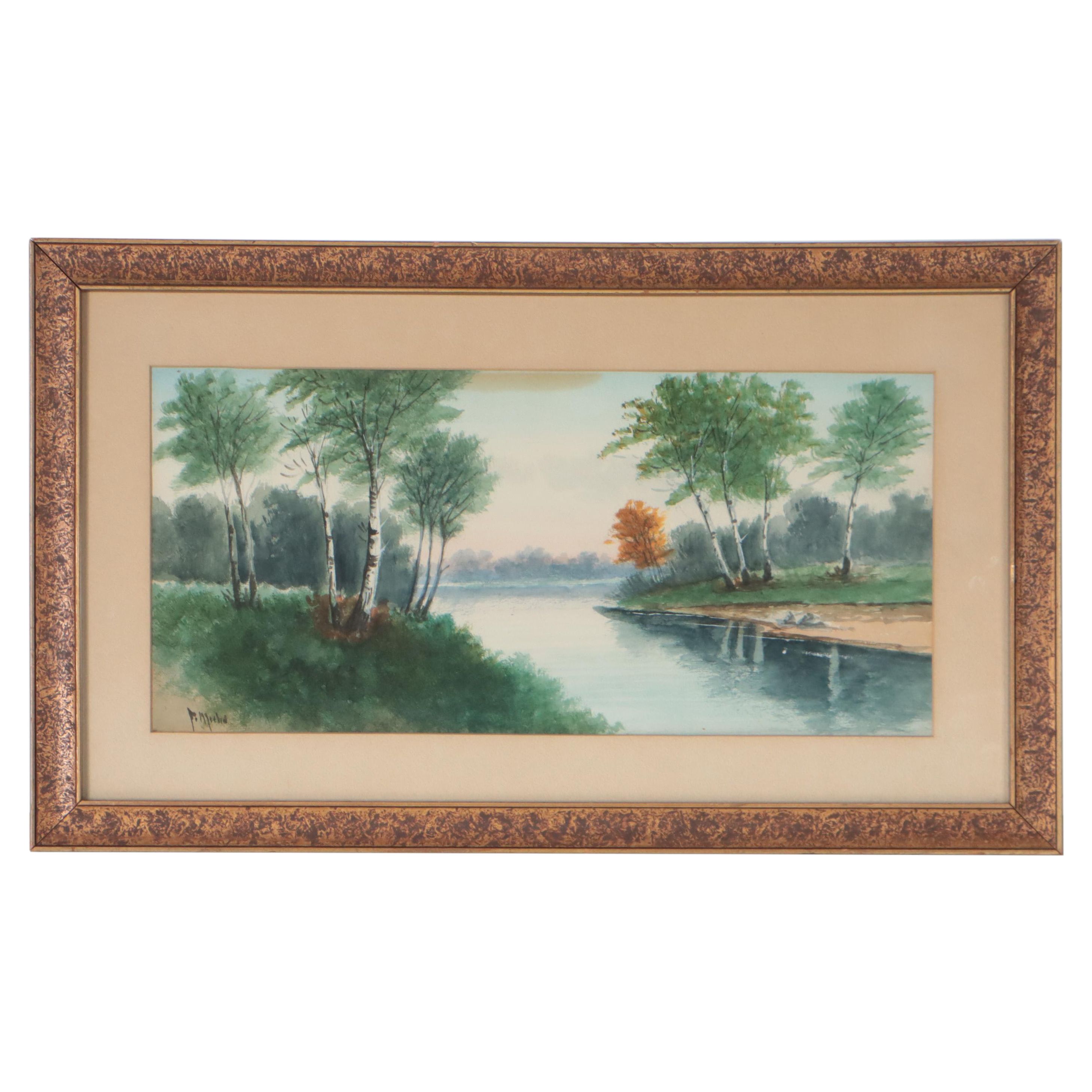 Watercolor Painting of River Landscape