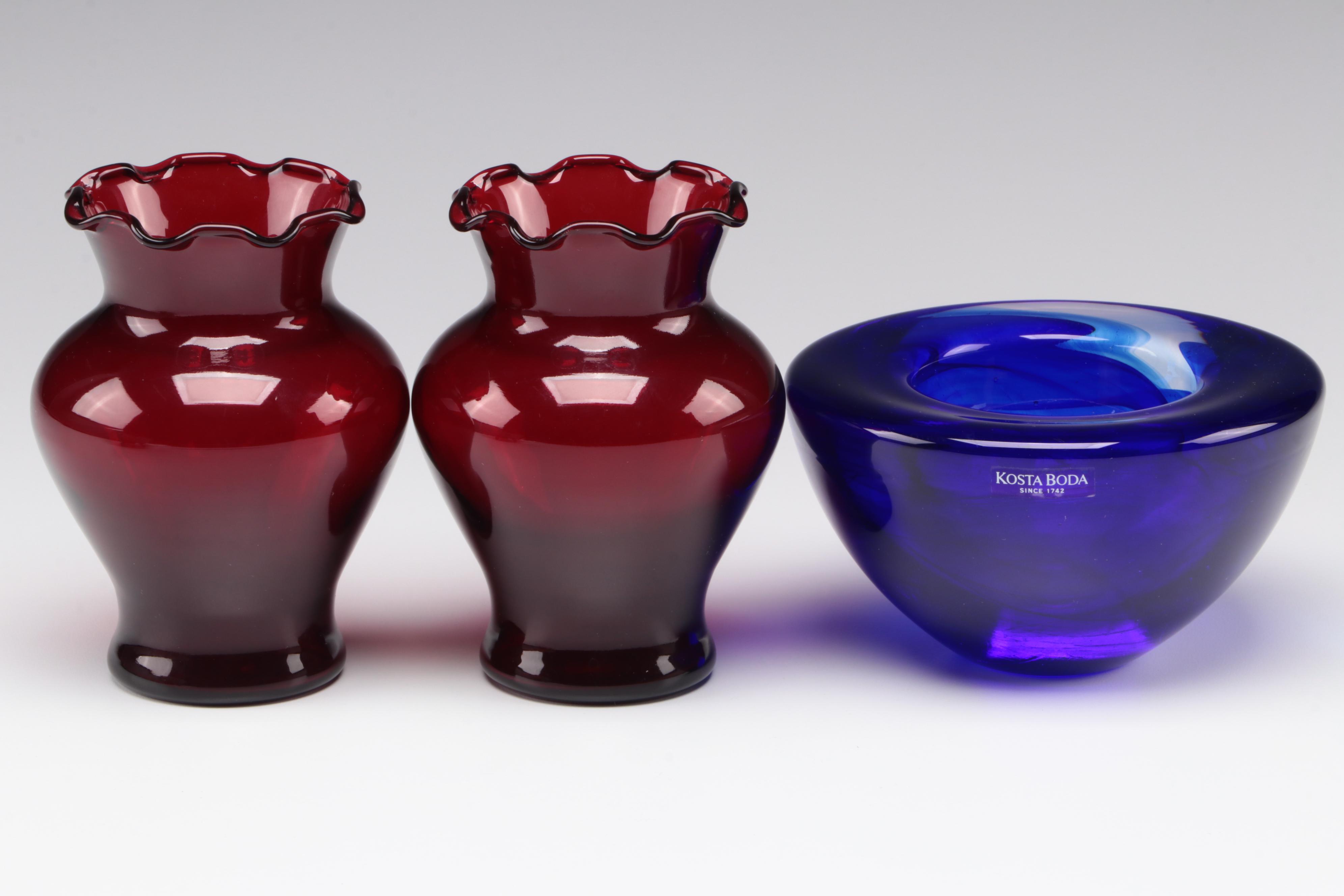 Kosta Boda and Imperial Glass Bowls with Ruffled Edge Vases