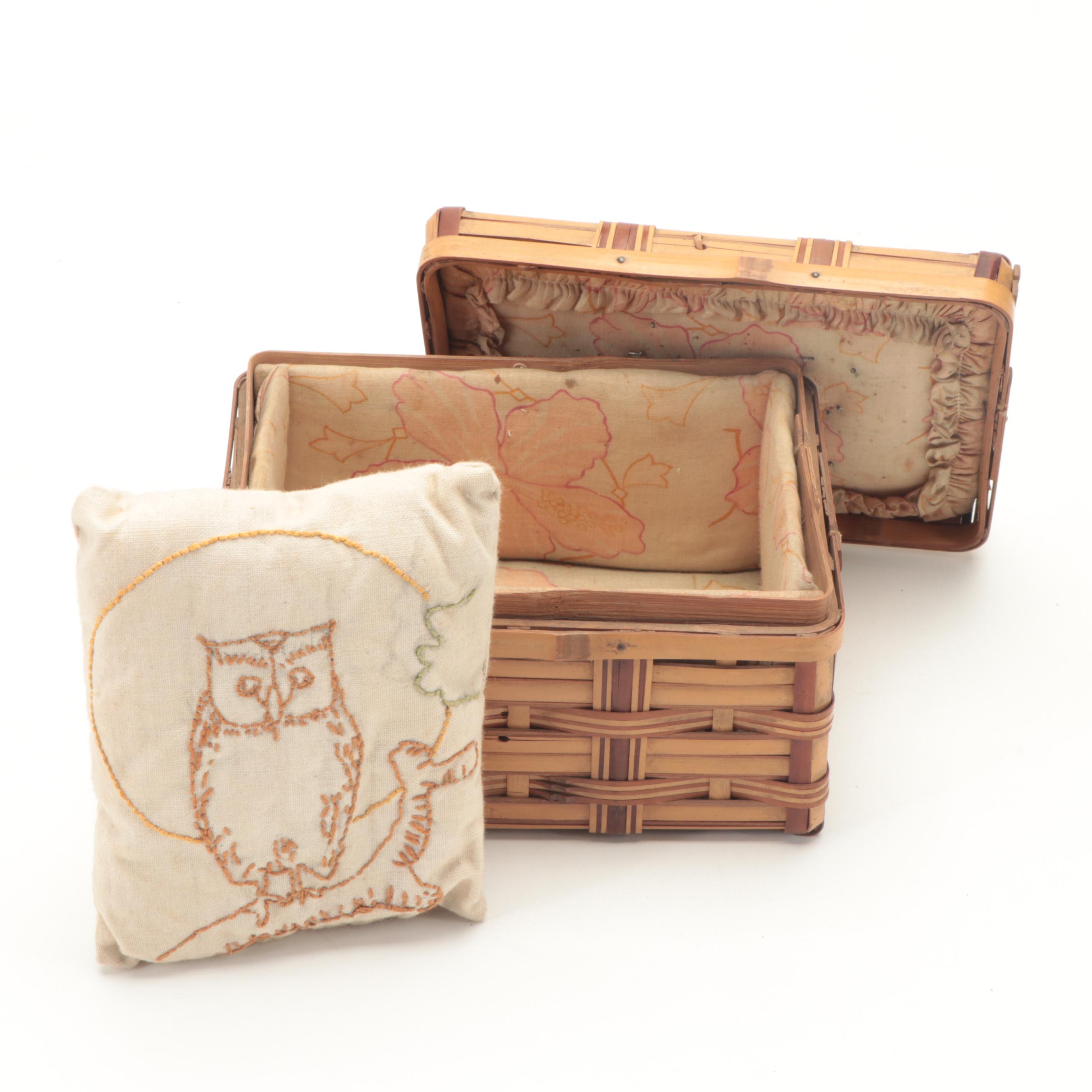 Wicker Sewing Box with Basket, Baby Carriage Toy and Embroidered Owl Pin Cushion