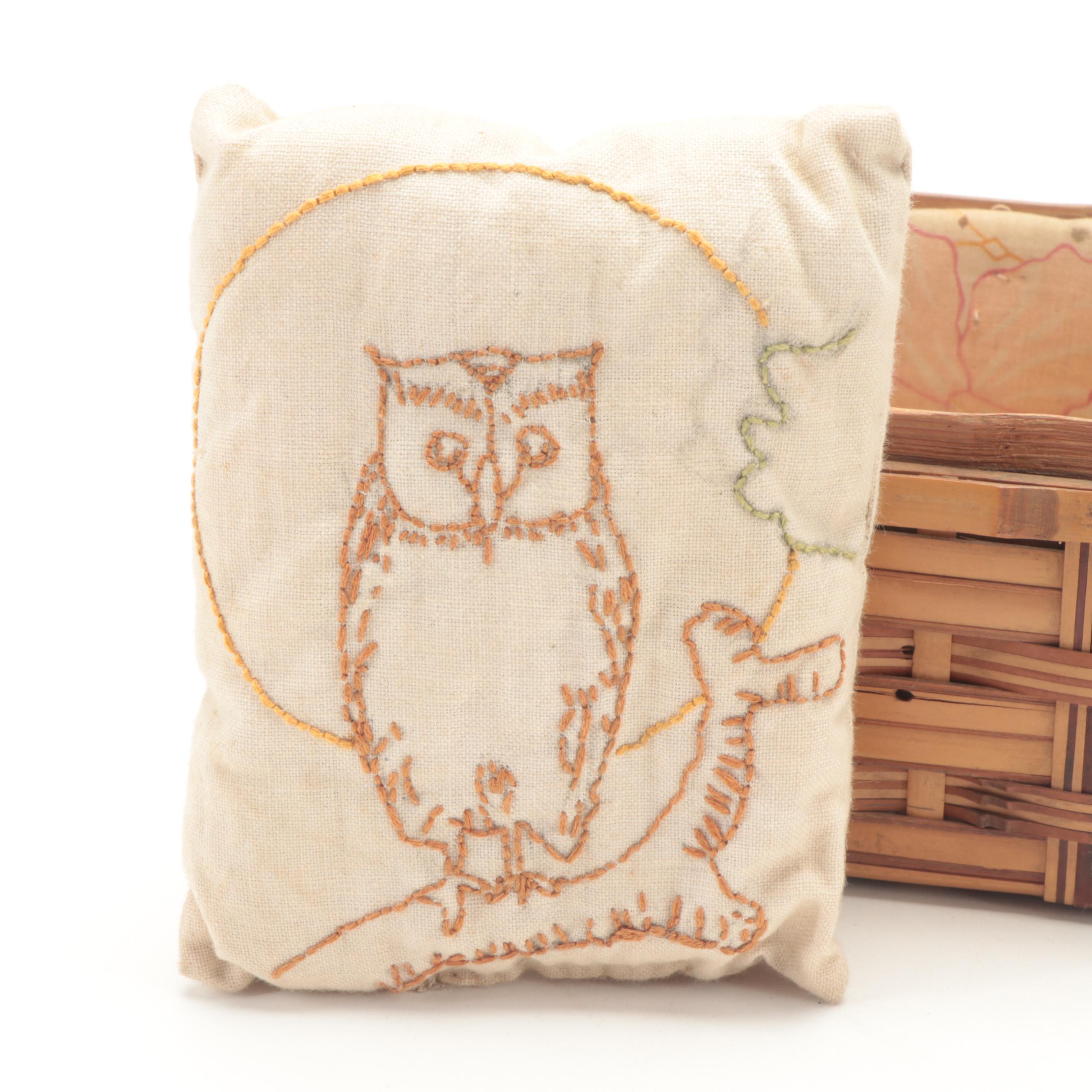 Wicker Sewing Box with Basket, Baby Carriage Toy and Embroidered Owl Pin Cushion