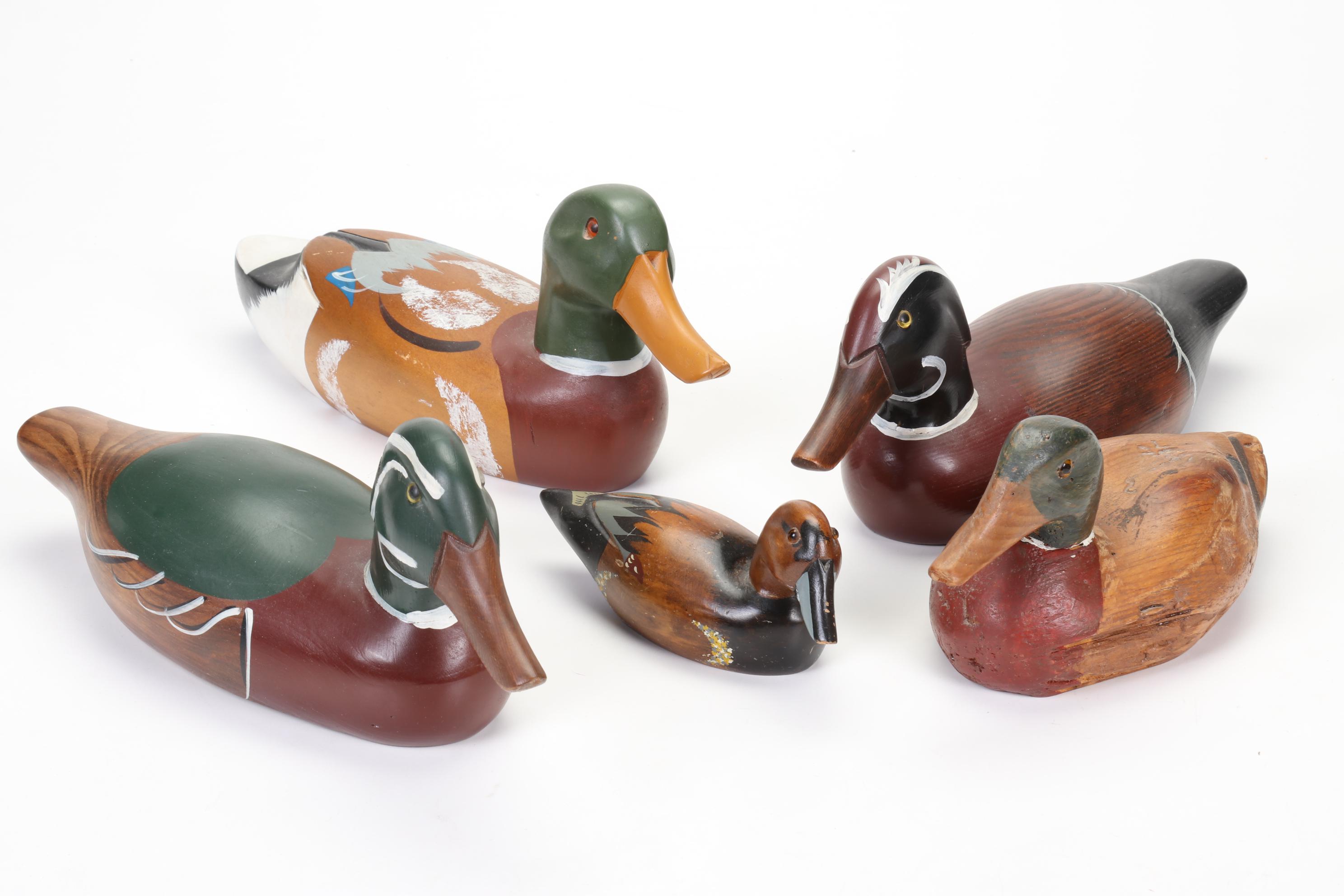 Hand-Painted Wooden Duck Decoys, Handwoven Pine Needles and Cane Basket