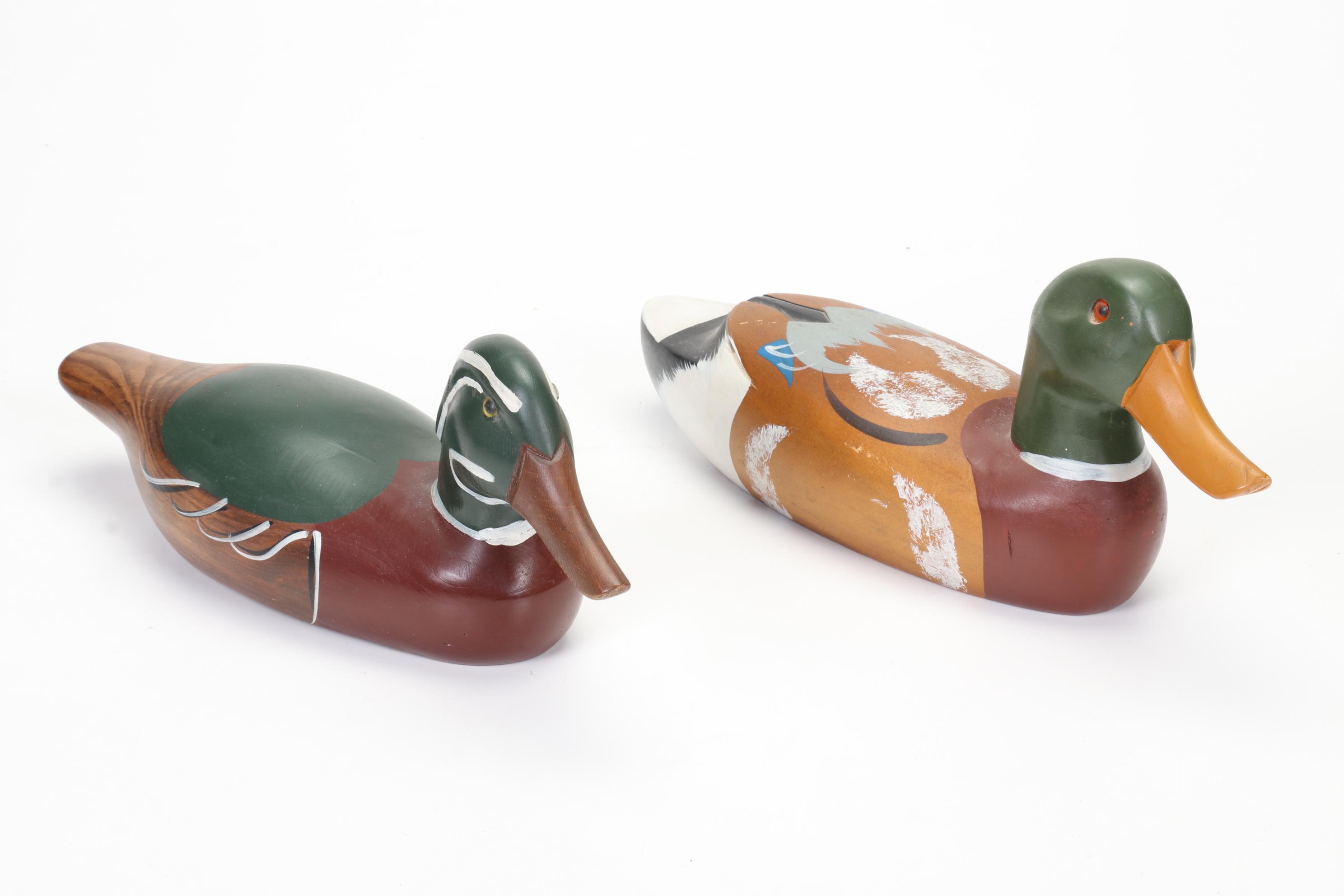 Hand-Painted Wooden Duck Decoys, Handwoven Pine Needles and Cane Basket