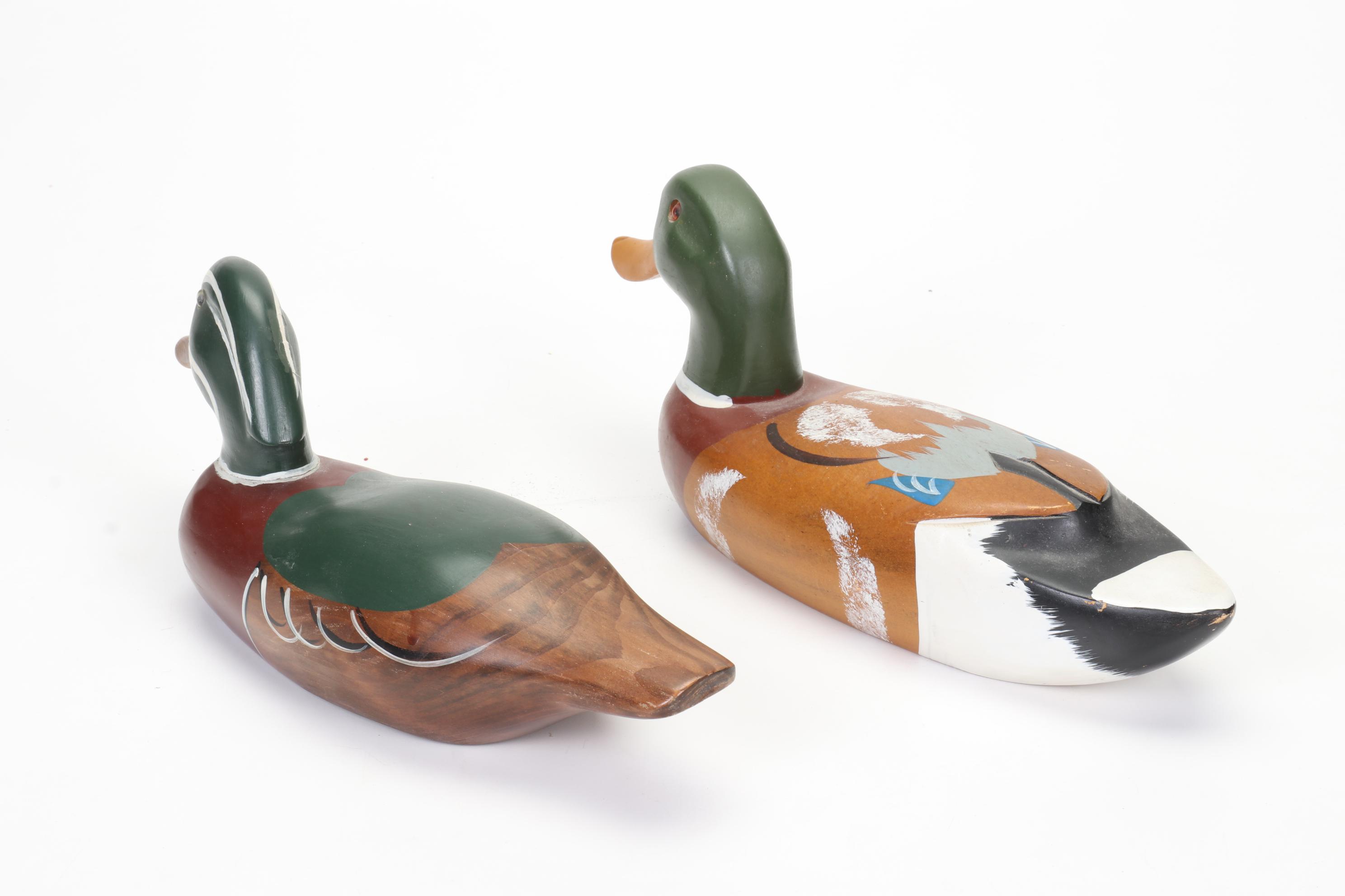 Hand-Painted Wooden Duck Decoys, Handwoven Pine Needles and Cane Basket