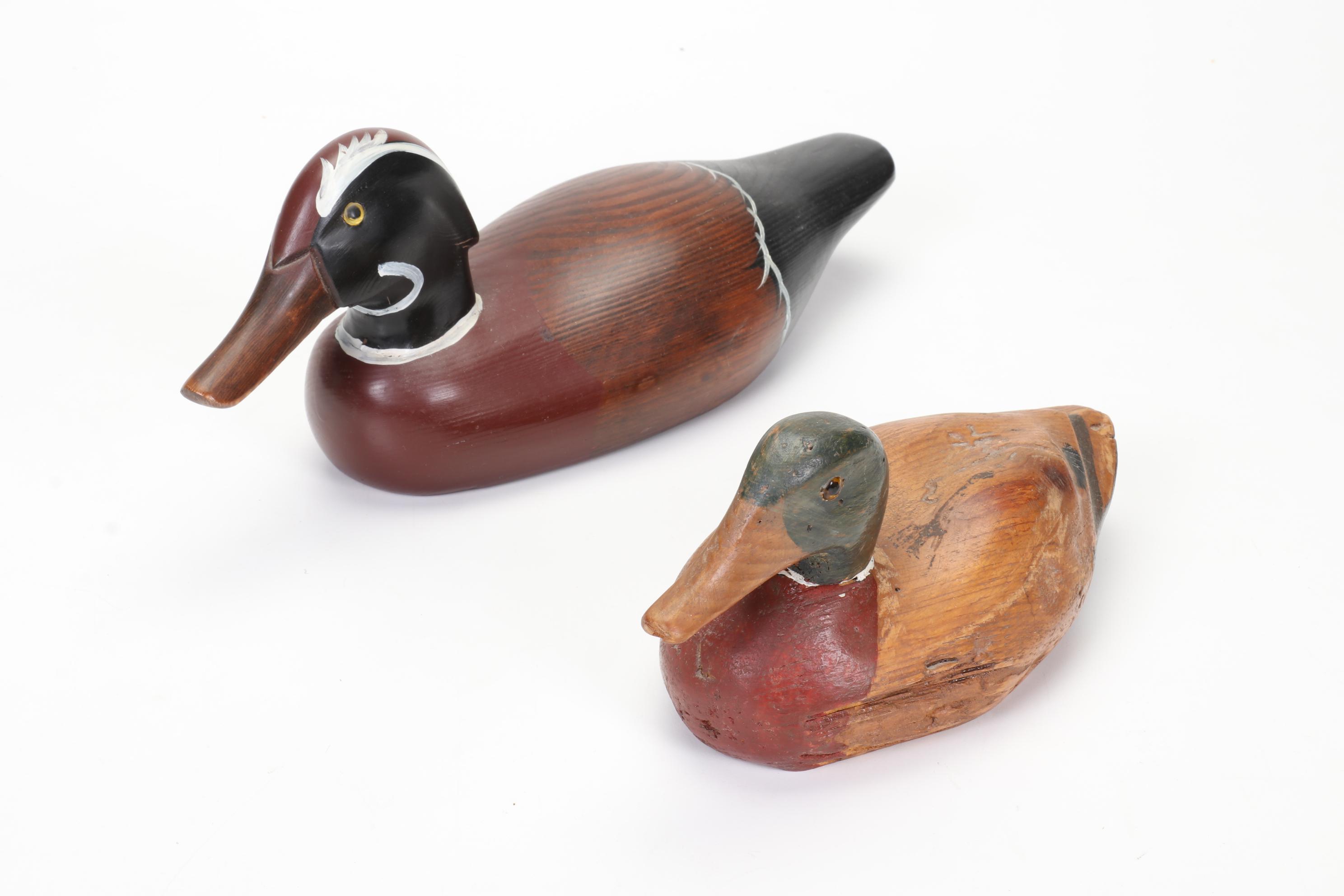 Hand-Painted Wooden Duck Decoys, Handwoven Pine Needles and Cane Basket