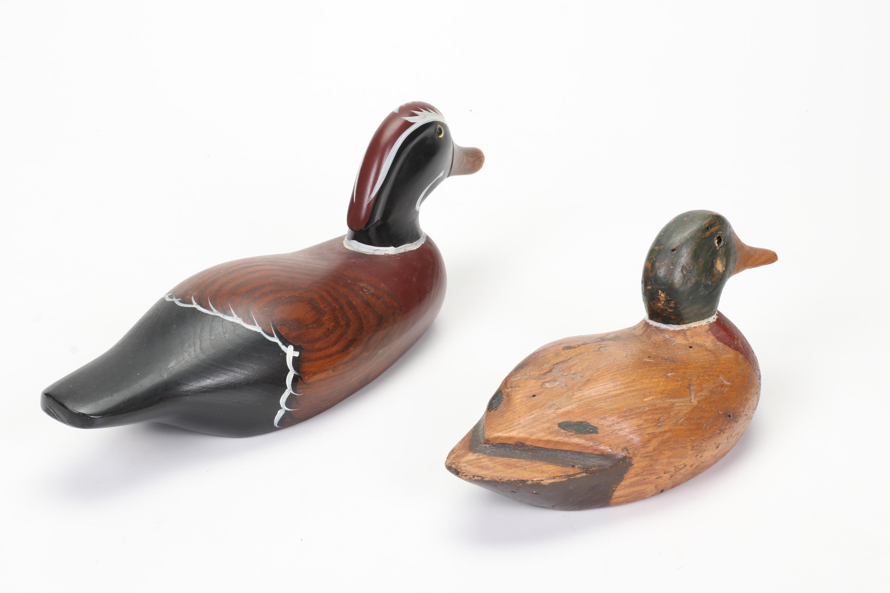 Hand-Painted Wooden Duck Decoys, Handwoven Pine Needles and Cane Basket