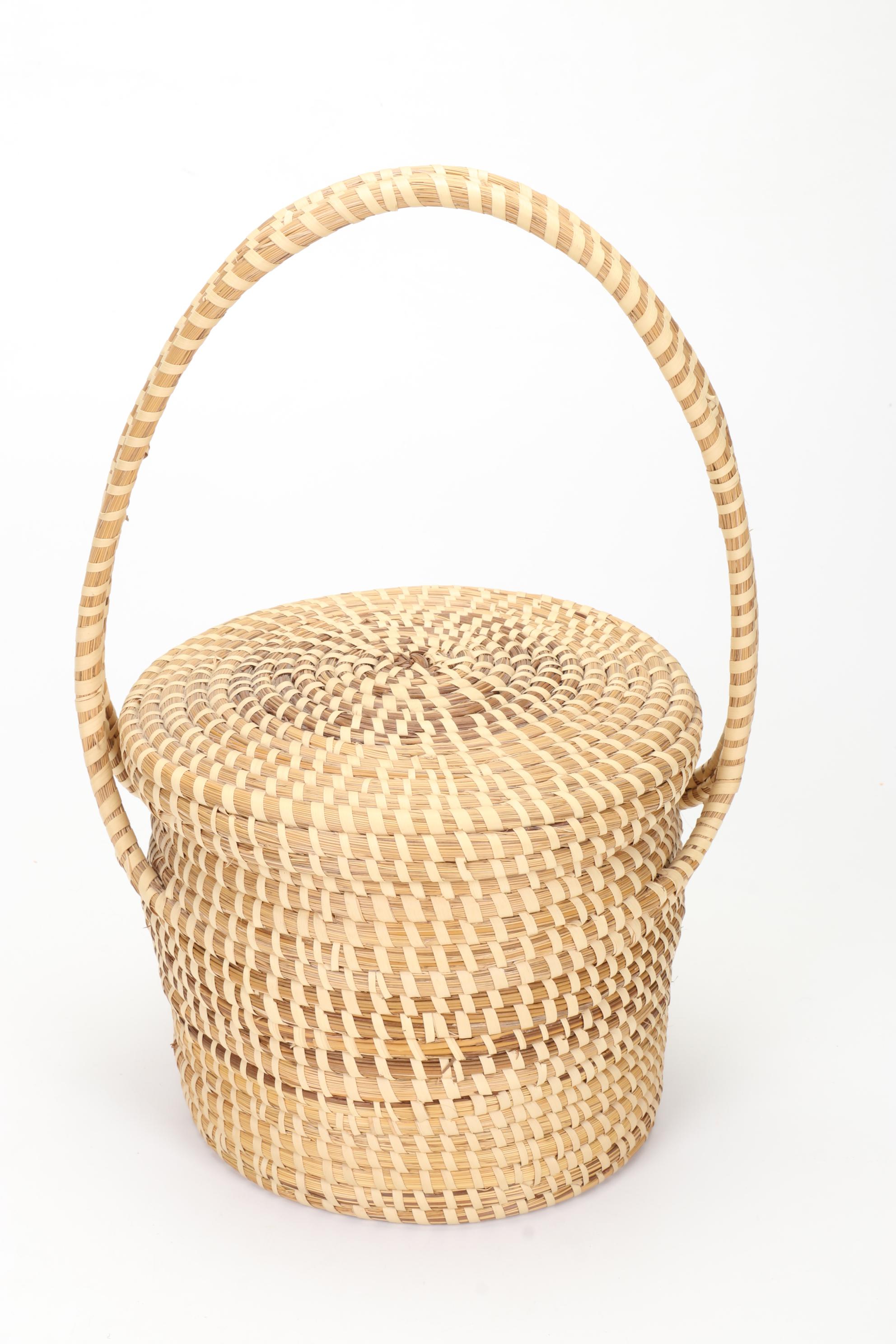 Hand-Painted Wooden Duck Decoys, Handwoven Pine Needles and Cane Basket