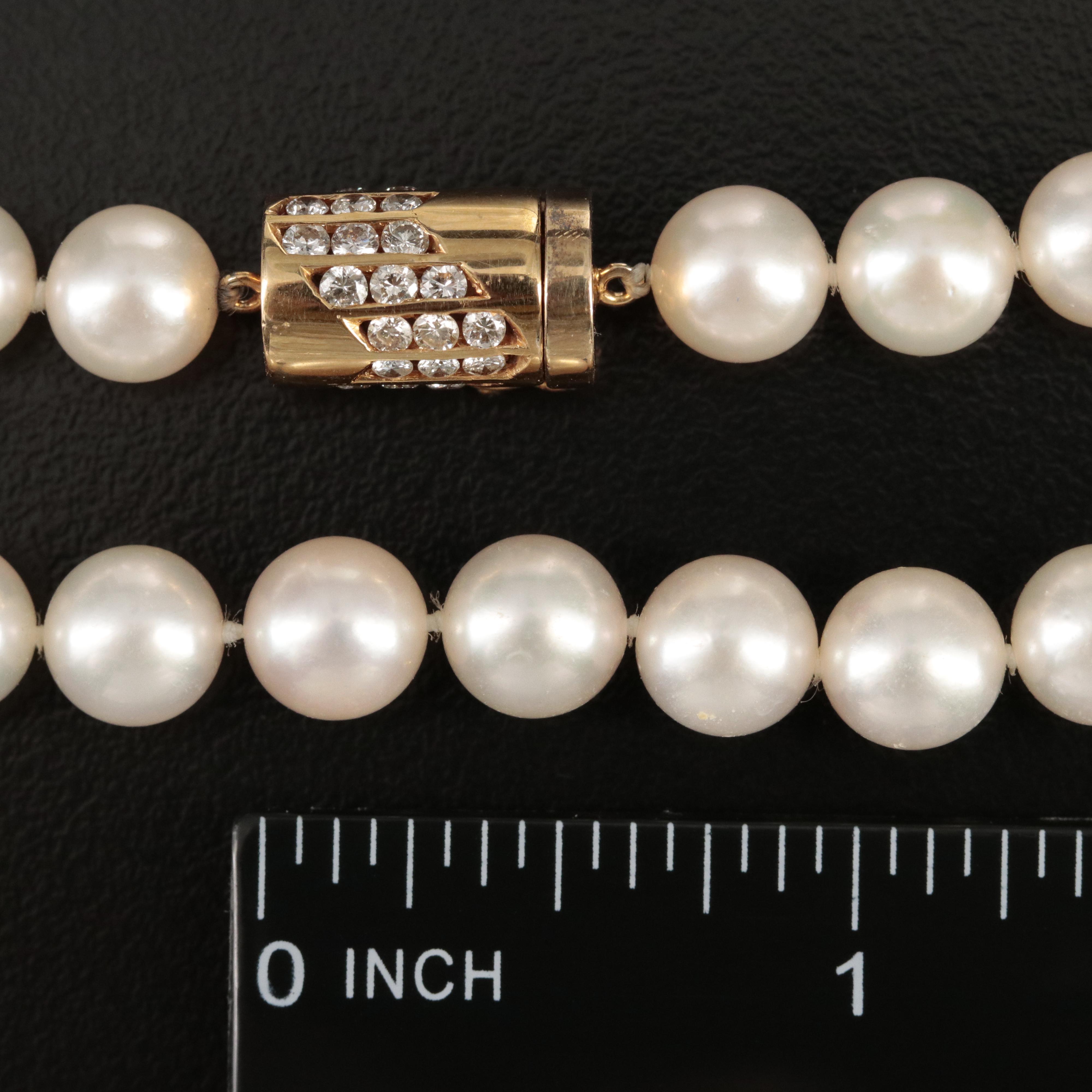 18K 1.00 CTW Diamond Clasp on Pearl Necklace