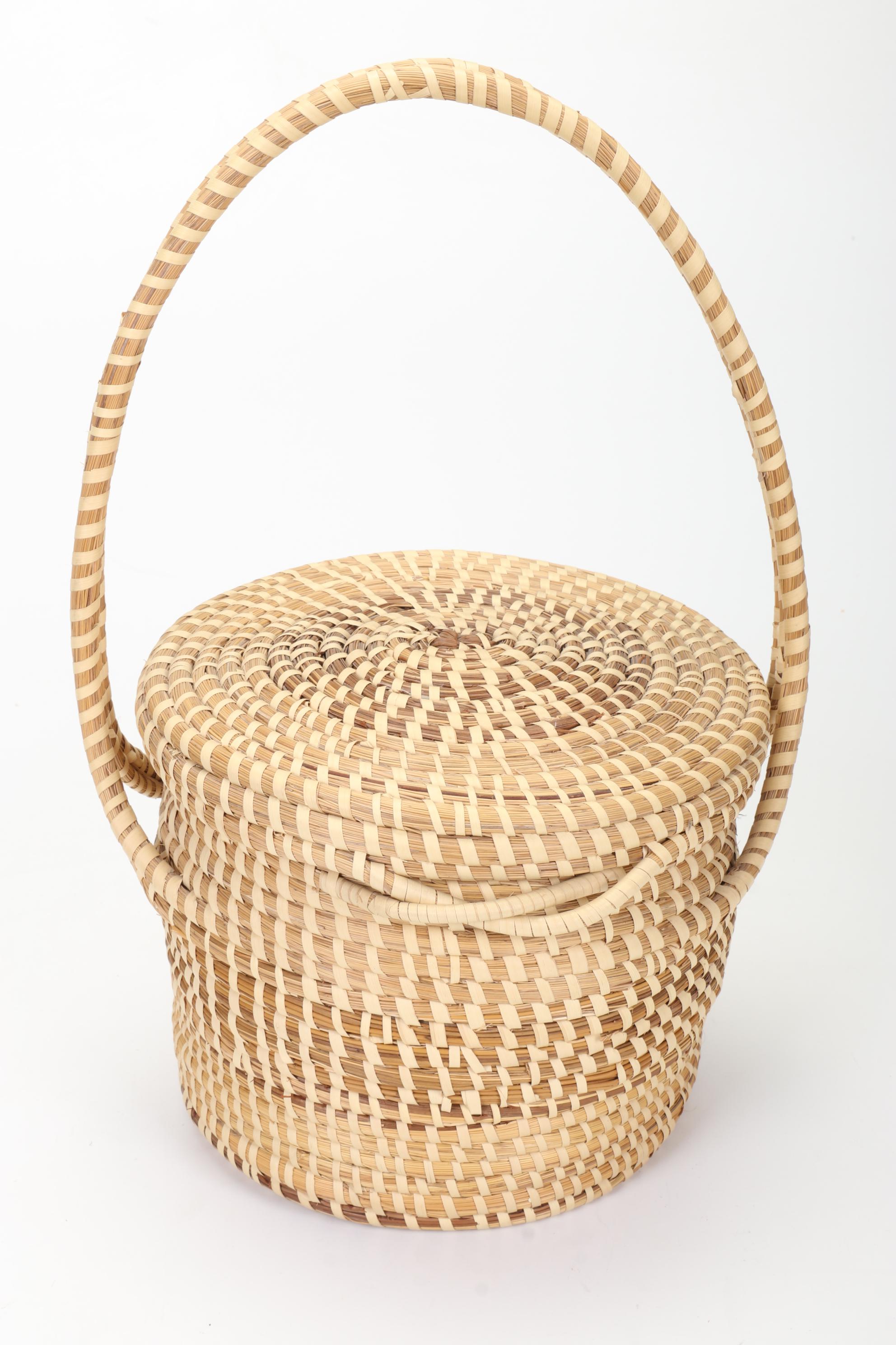 Hand-Painted Wooden Duck Decoys, Handwoven Pine Needles and Cane Basket