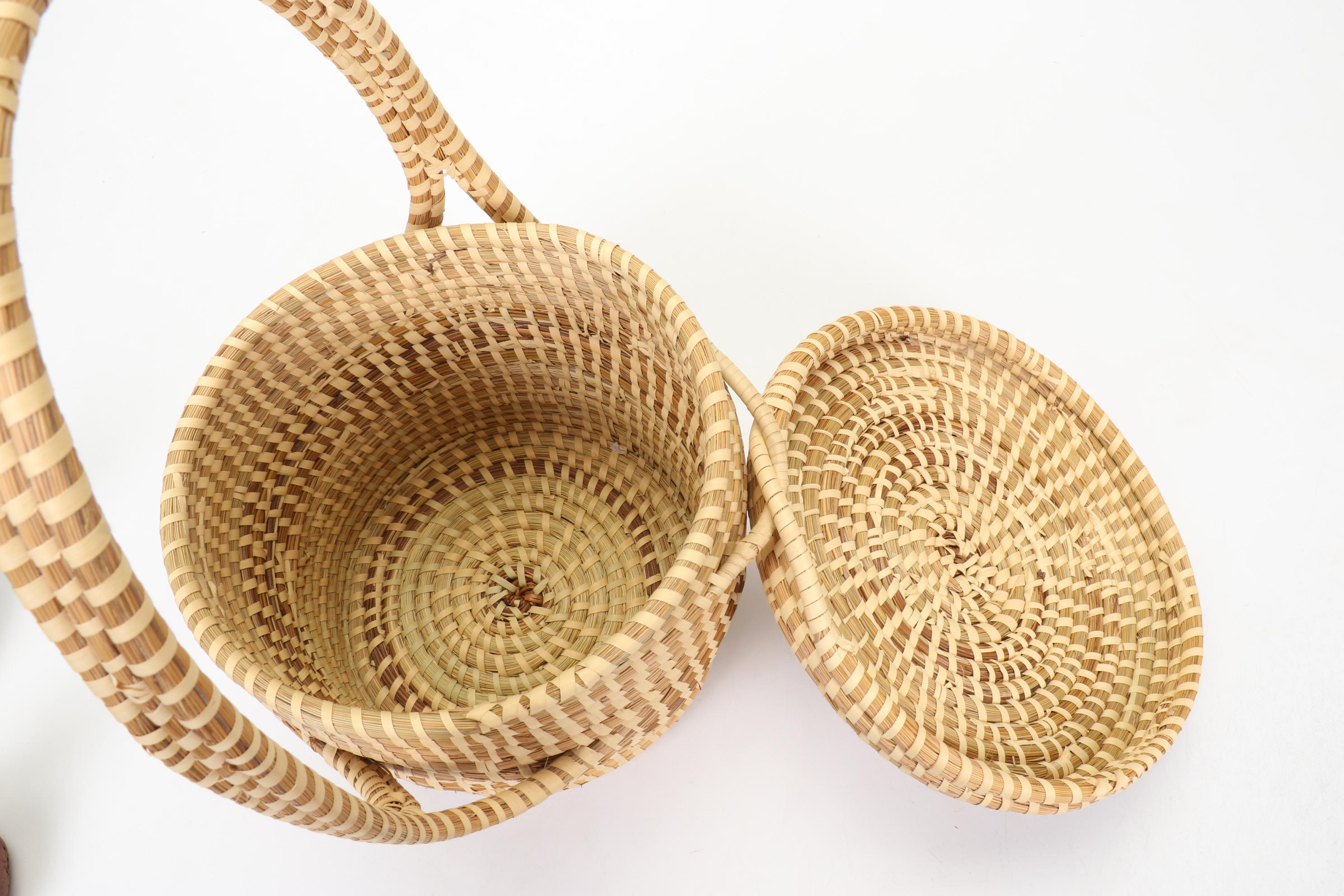 Hand-Painted Wooden Duck Decoys, Handwoven Pine Needles and Cane Basket