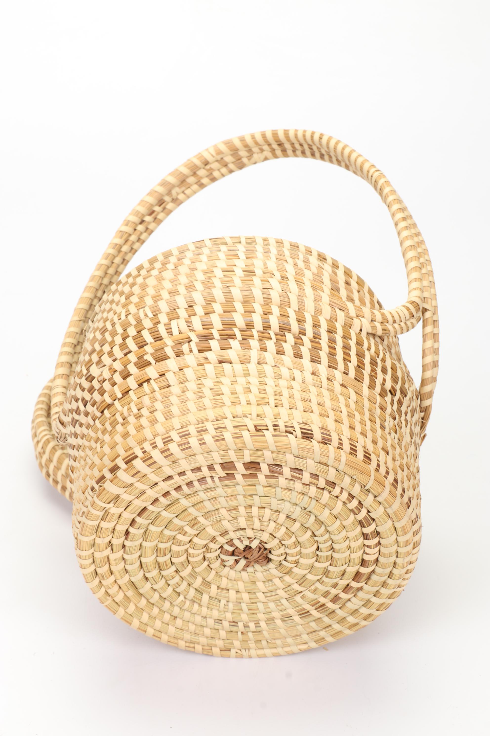 Hand-Painted Wooden Duck Decoys, Handwoven Pine Needles and Cane Basket