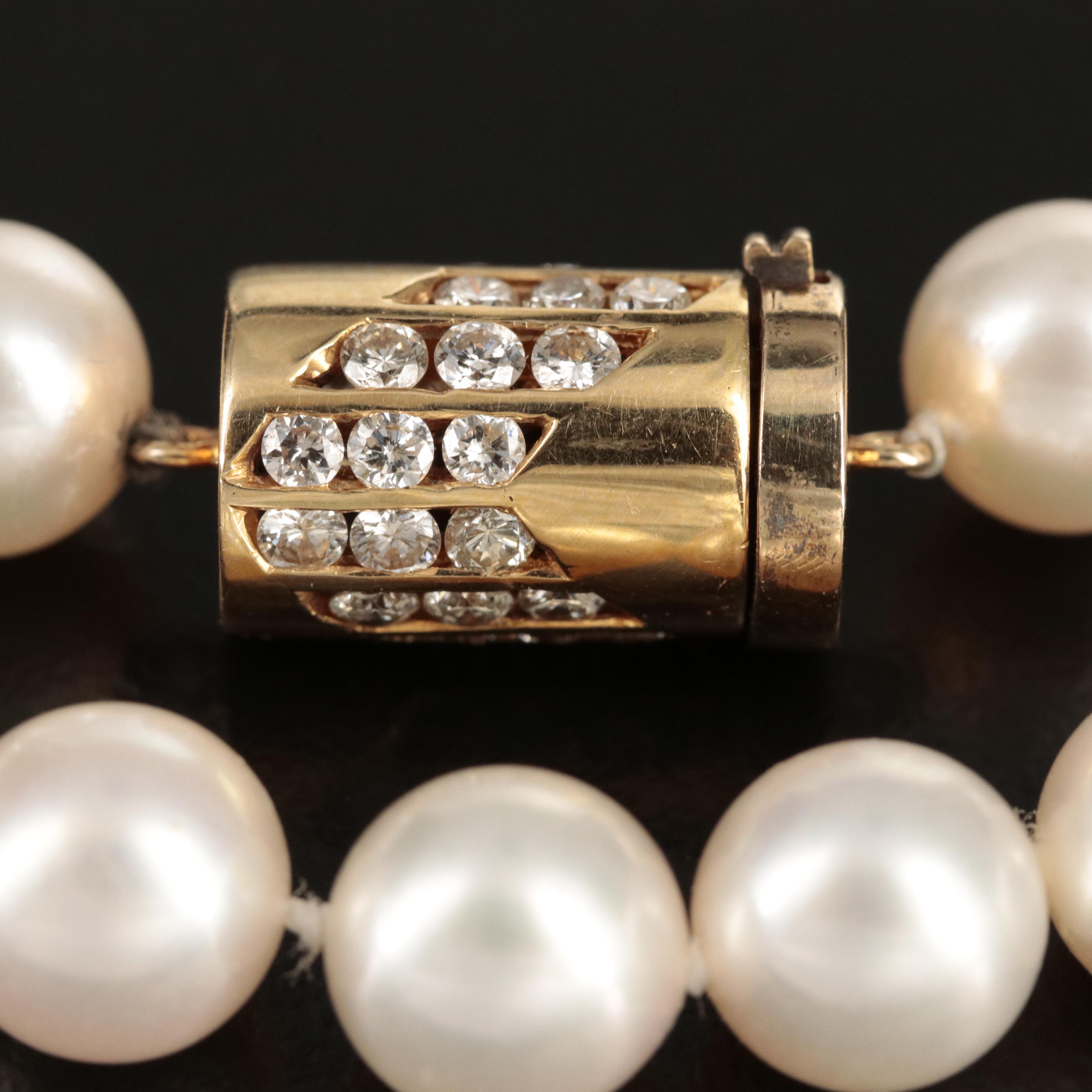 18K 1.00 CTW Diamond Clasp on Pearl Necklace