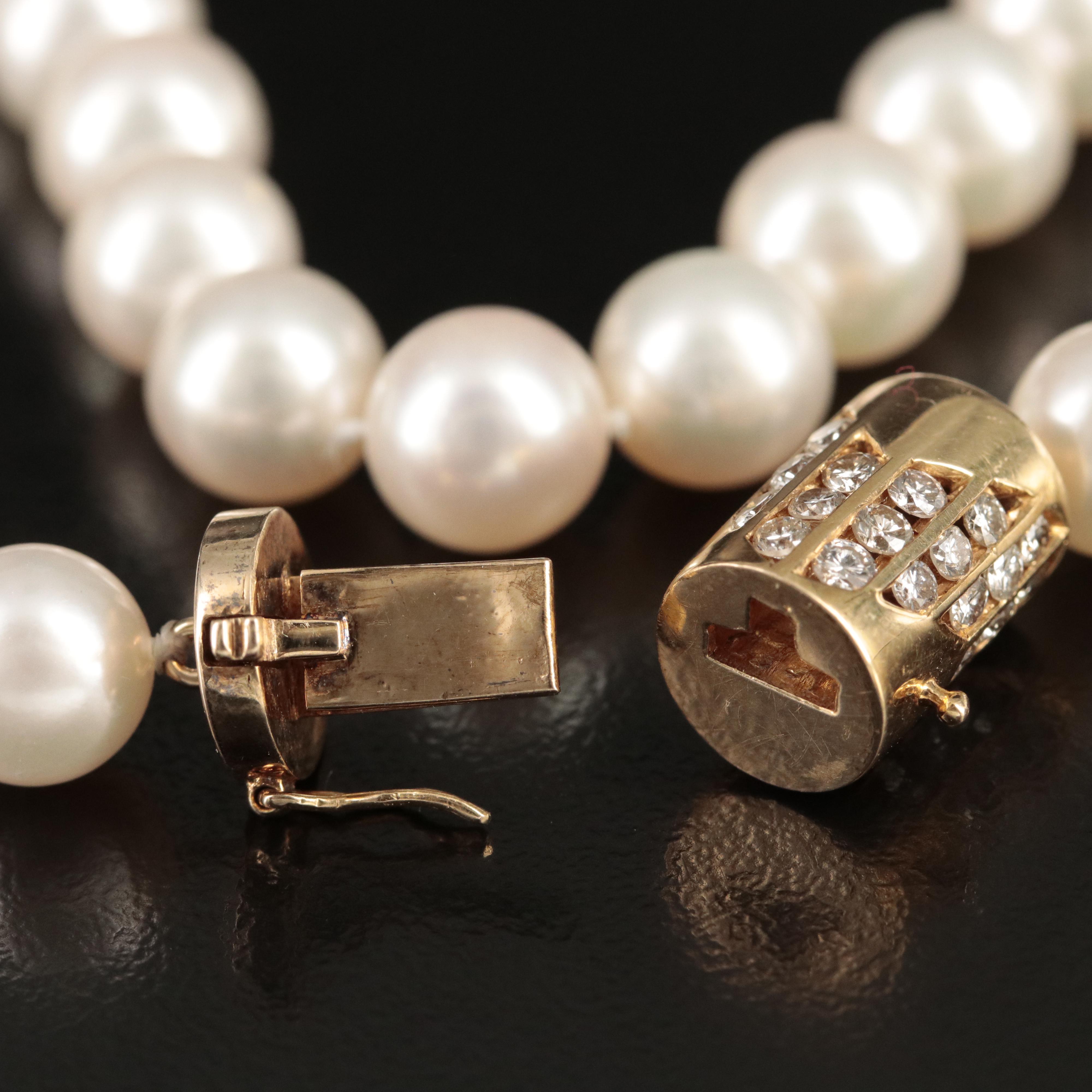 18K 1.00 CTW Diamond Clasp on Pearl Necklace