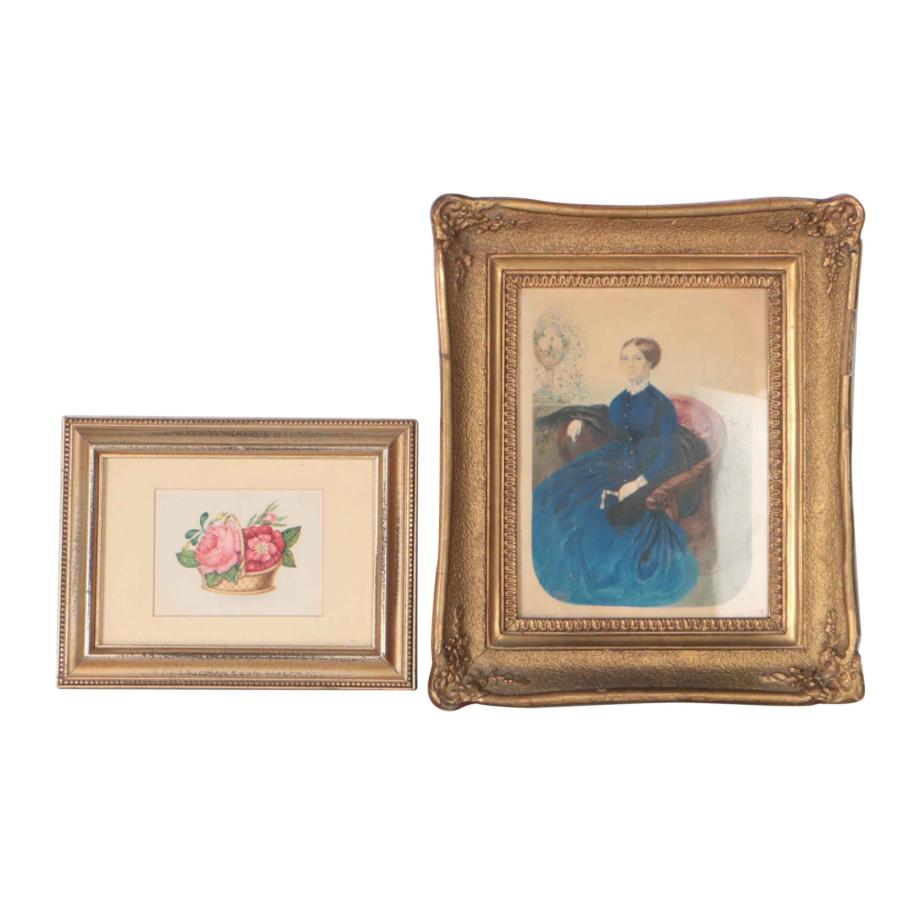 Watercolor Paintings of Portrait of Woman and Basket of Flowers, 19th Century