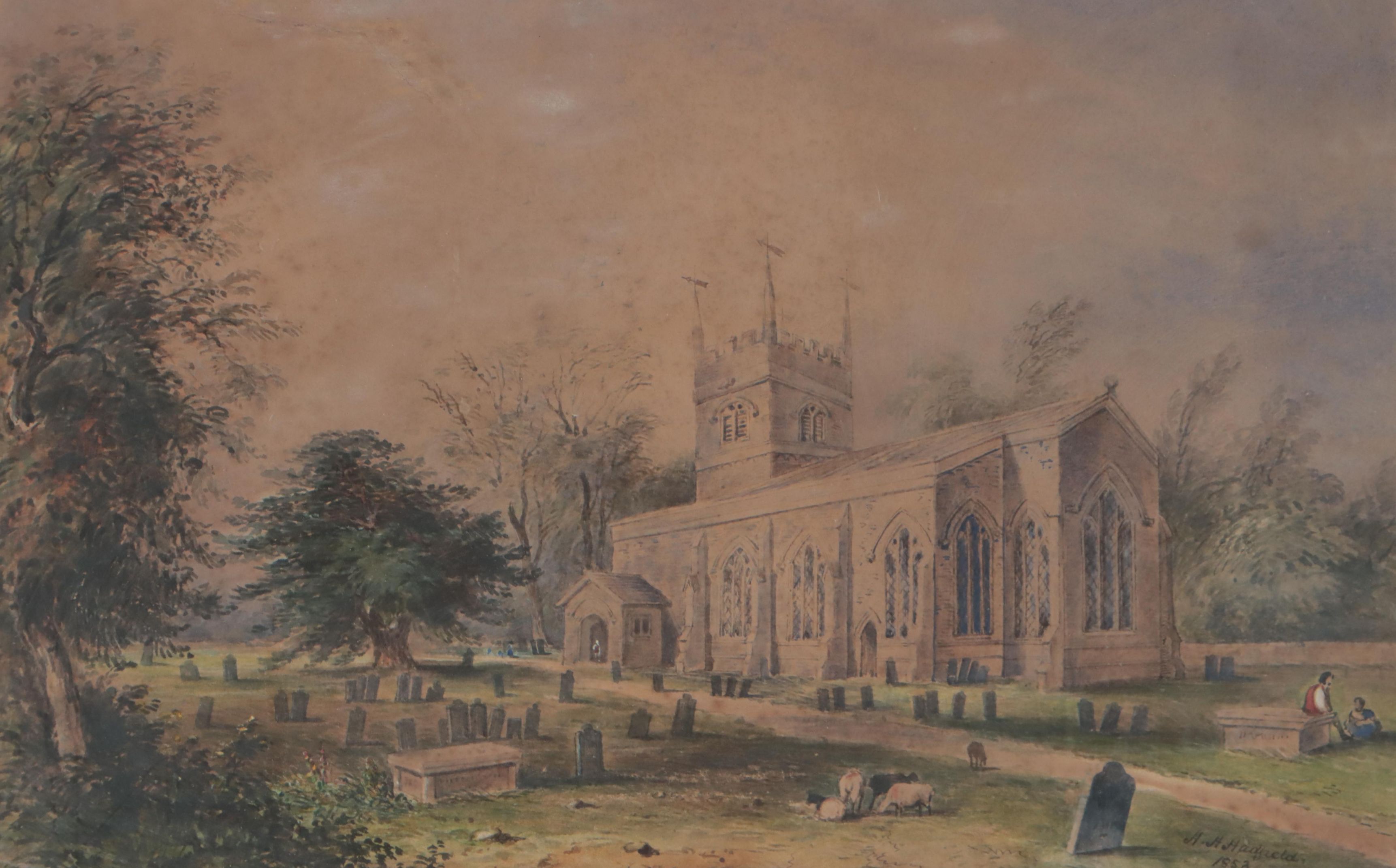 H.H. Hadfield Watercolor Painting of Church, 1853
