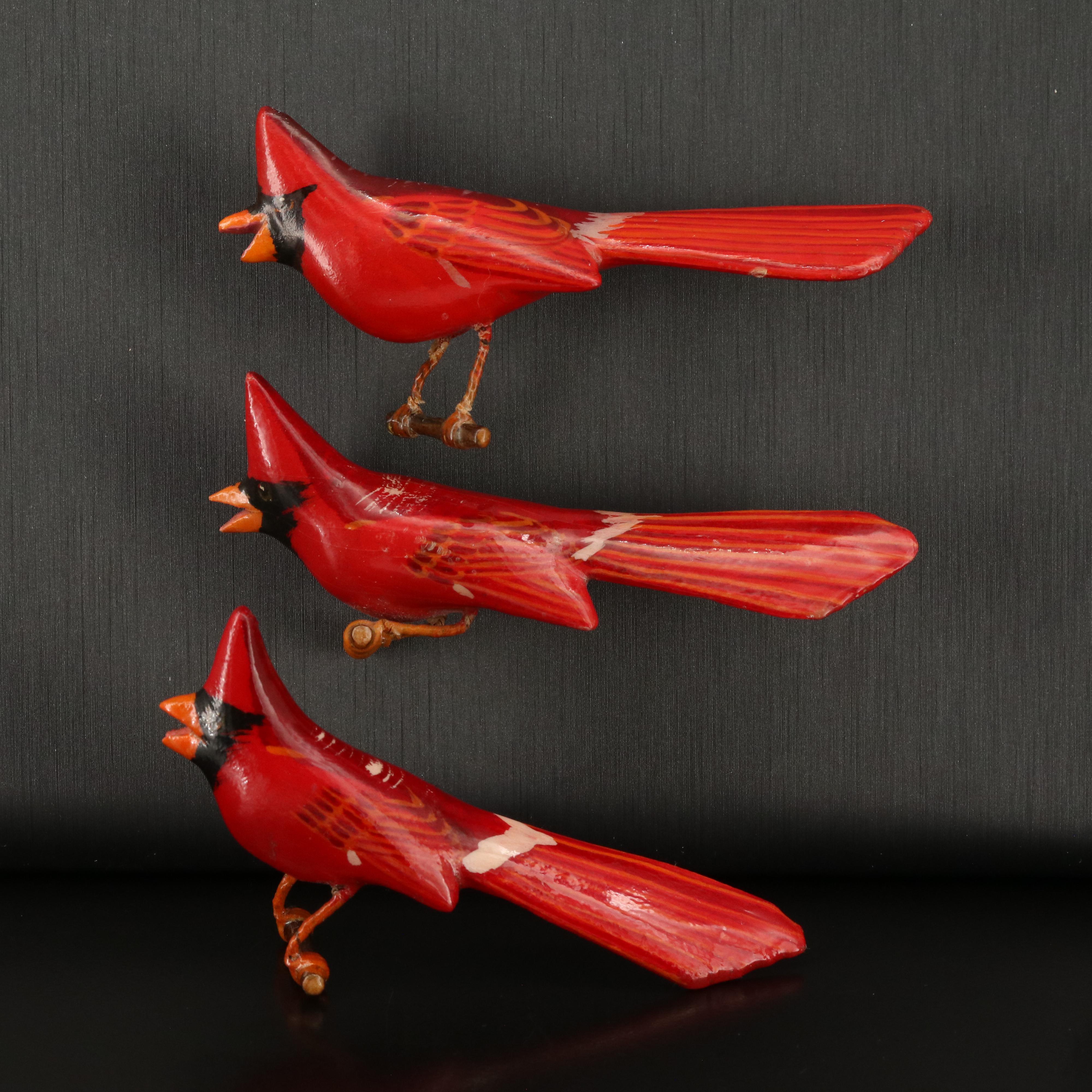 Vintage Hand Carved Wood Trio of Red Cardinal Birds Brooches