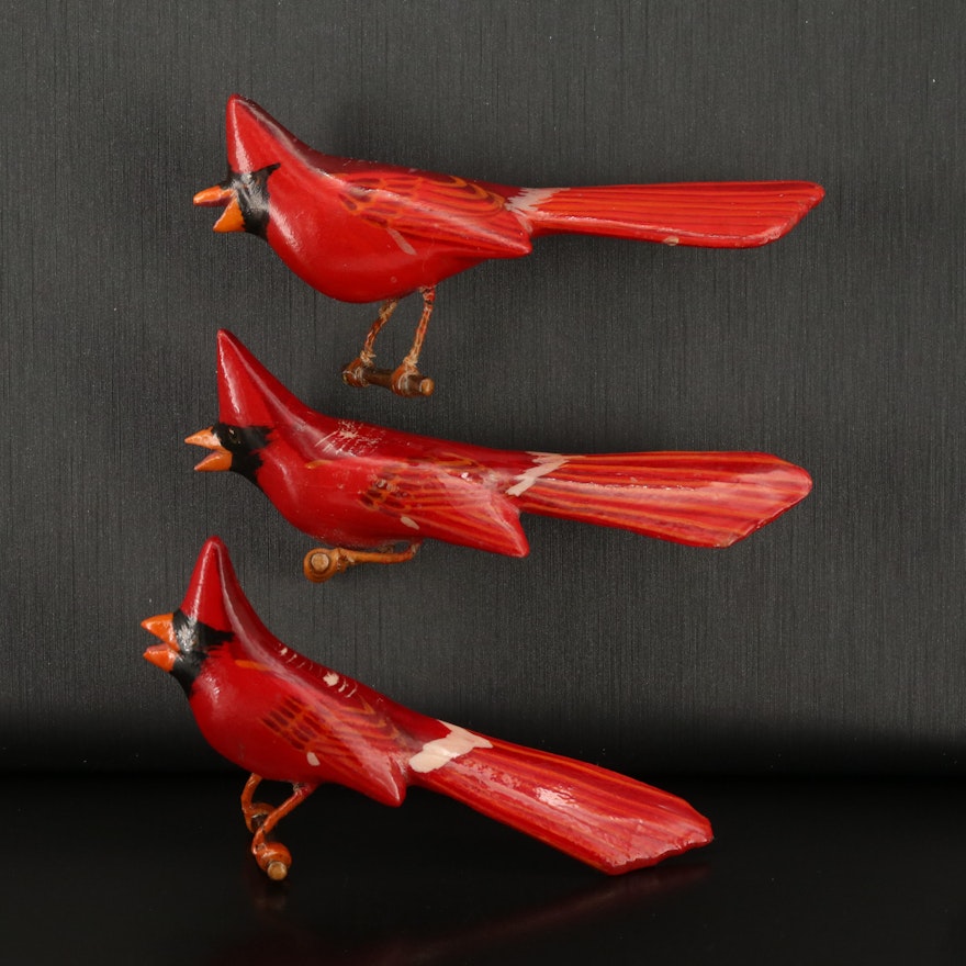Vintage Hand Carved Wood Trio of Red Cardinal Birds Brooches