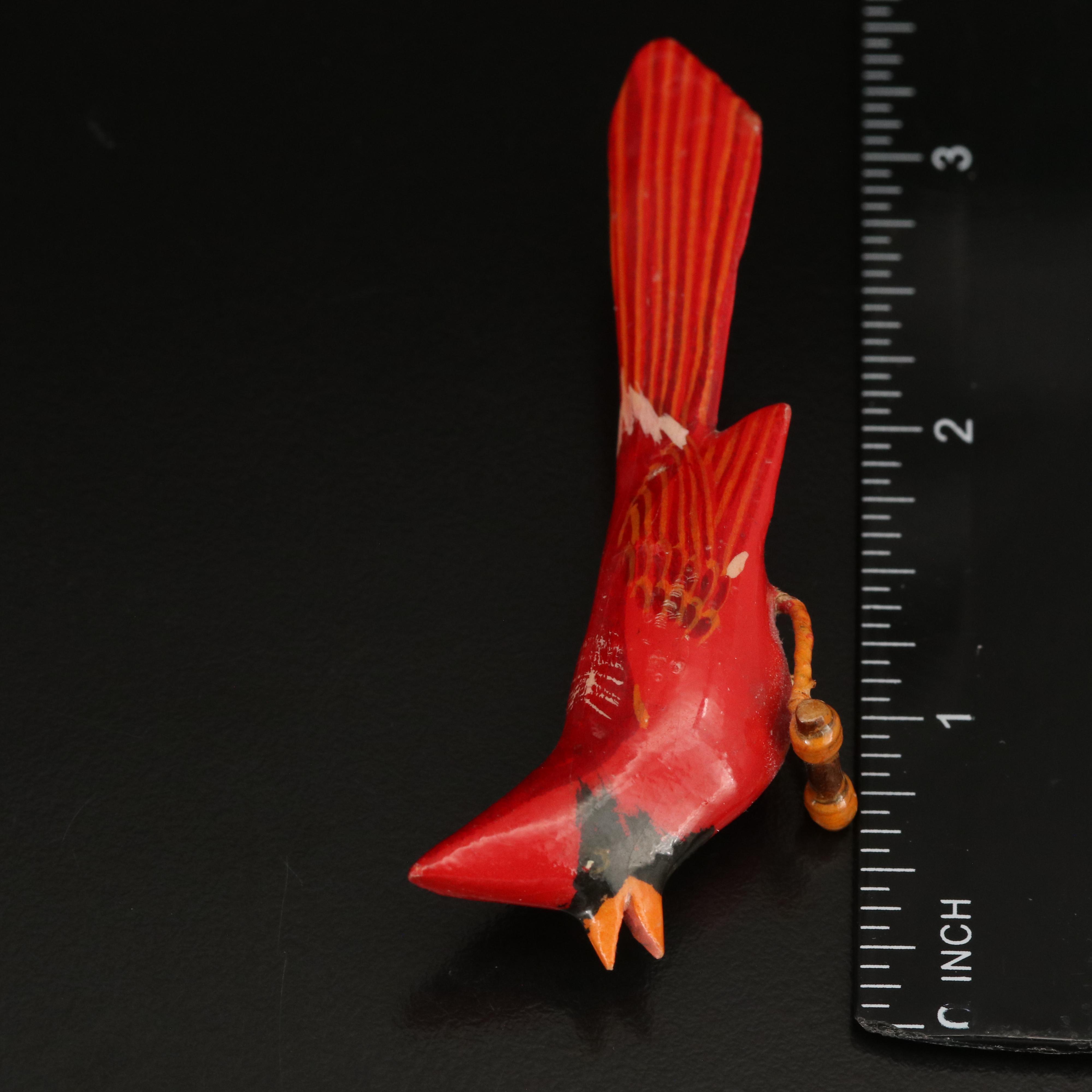 Vintage Hand Carved Wood Trio of Red Cardinal Birds Brooches
