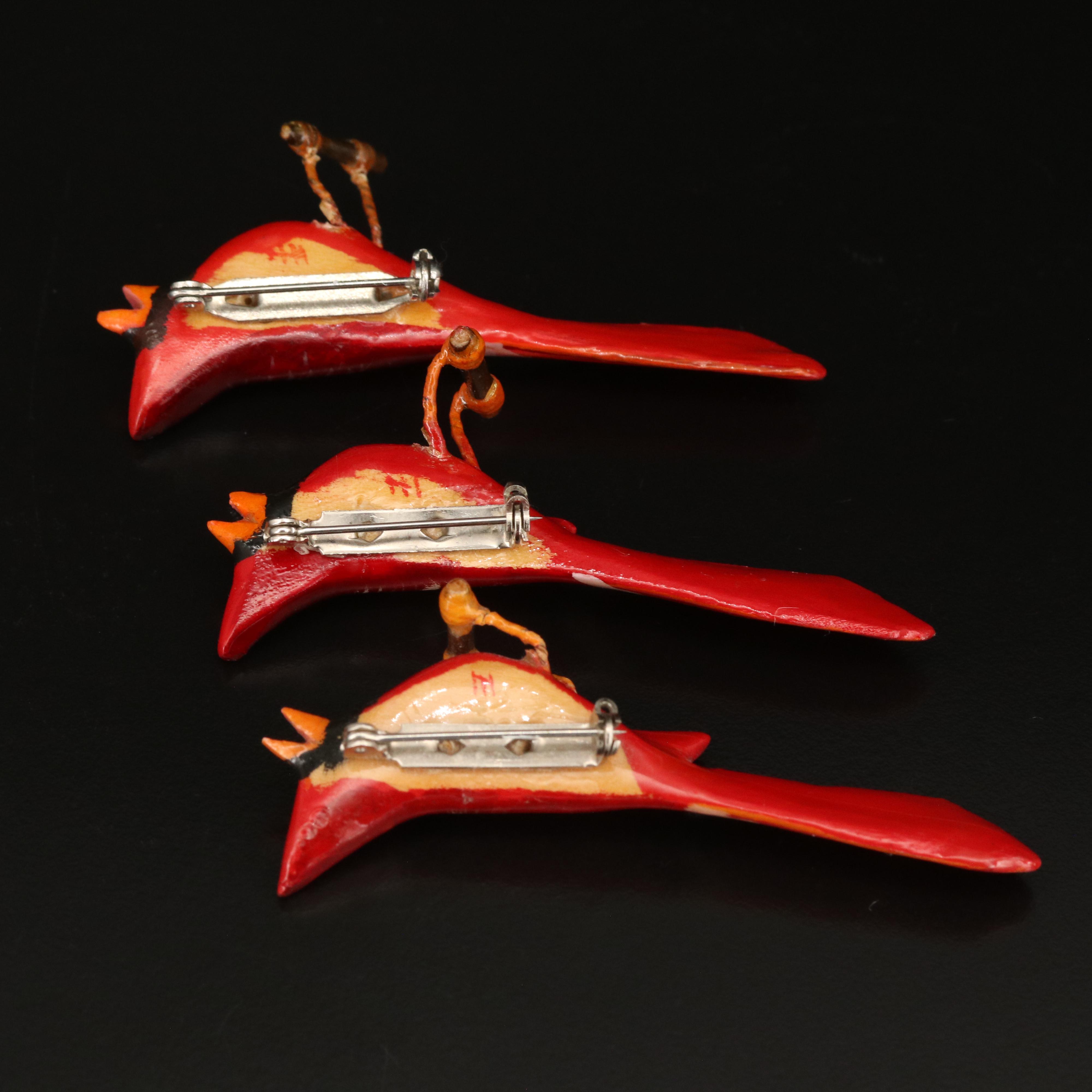 Vintage Hand Carved Wood Trio of Red Cardinal Birds Brooches