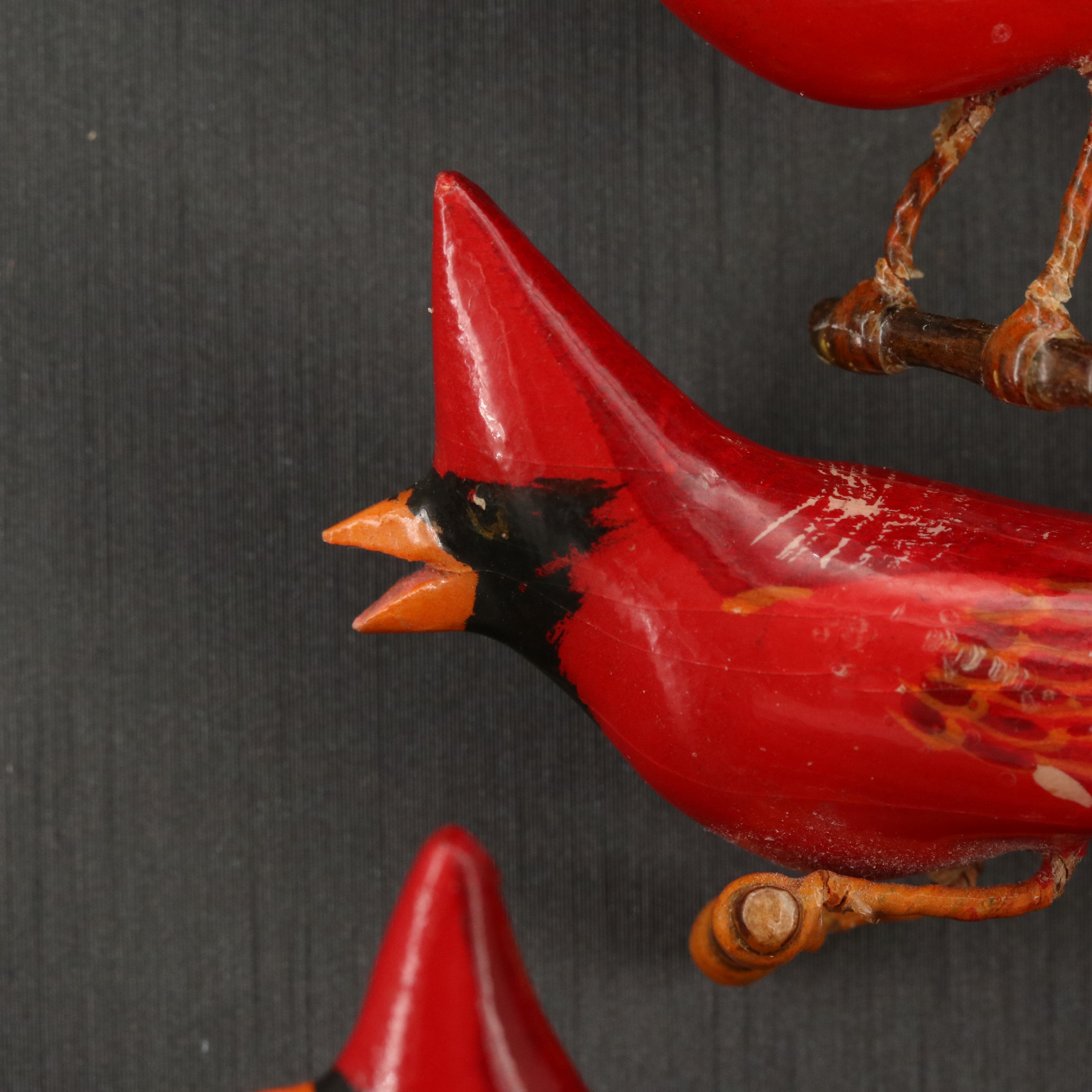 Vintage Hand Carved Wood Trio of Red Cardinal Birds Brooches