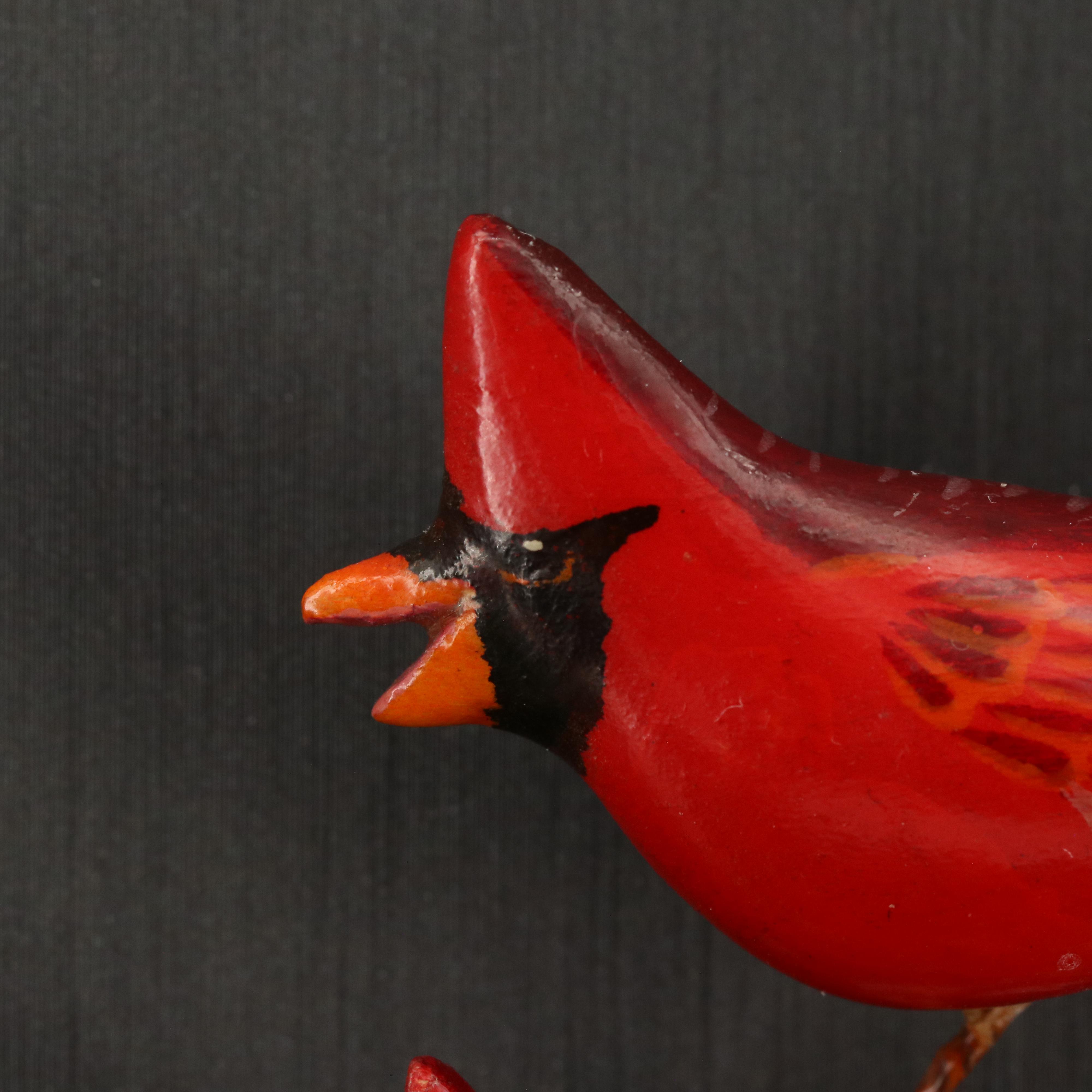 Vintage Hand Carved Wood Trio of Red Cardinal Birds Brooches