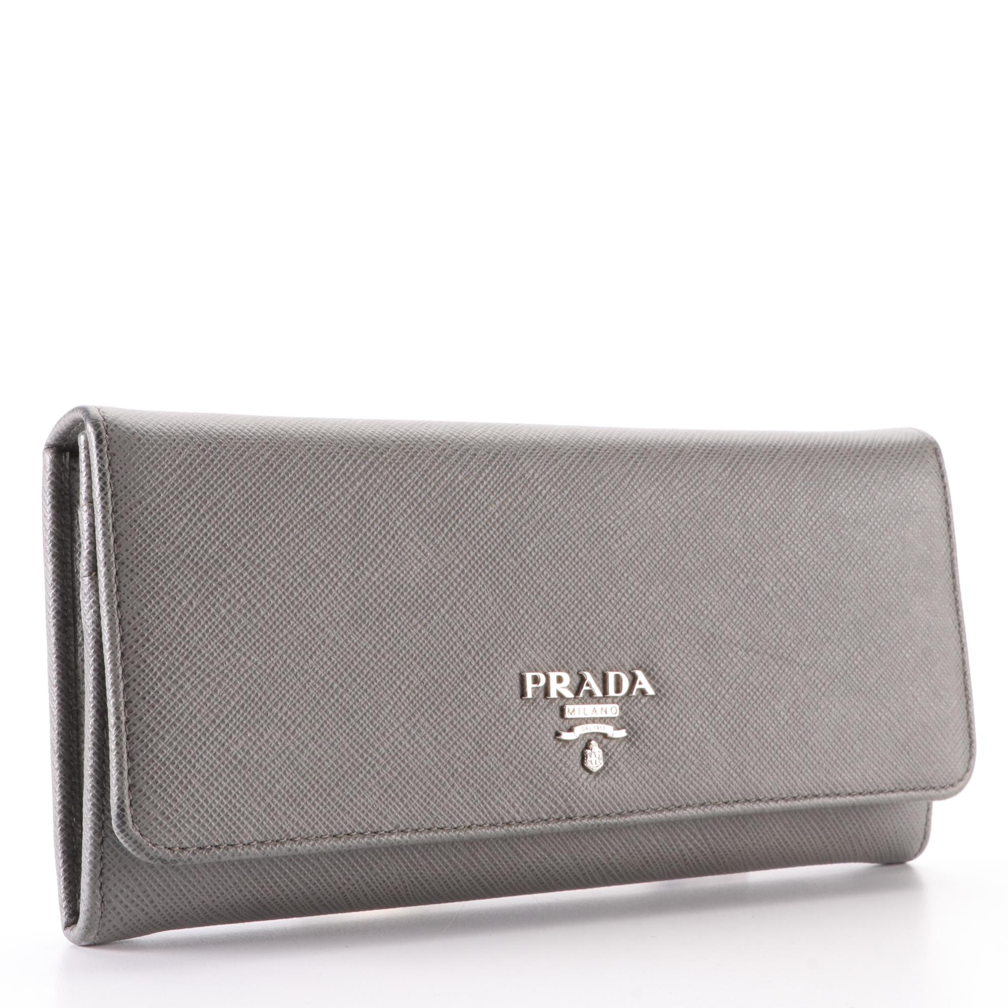 Prada Long Wallet in Grey Saffiano Leather with Box