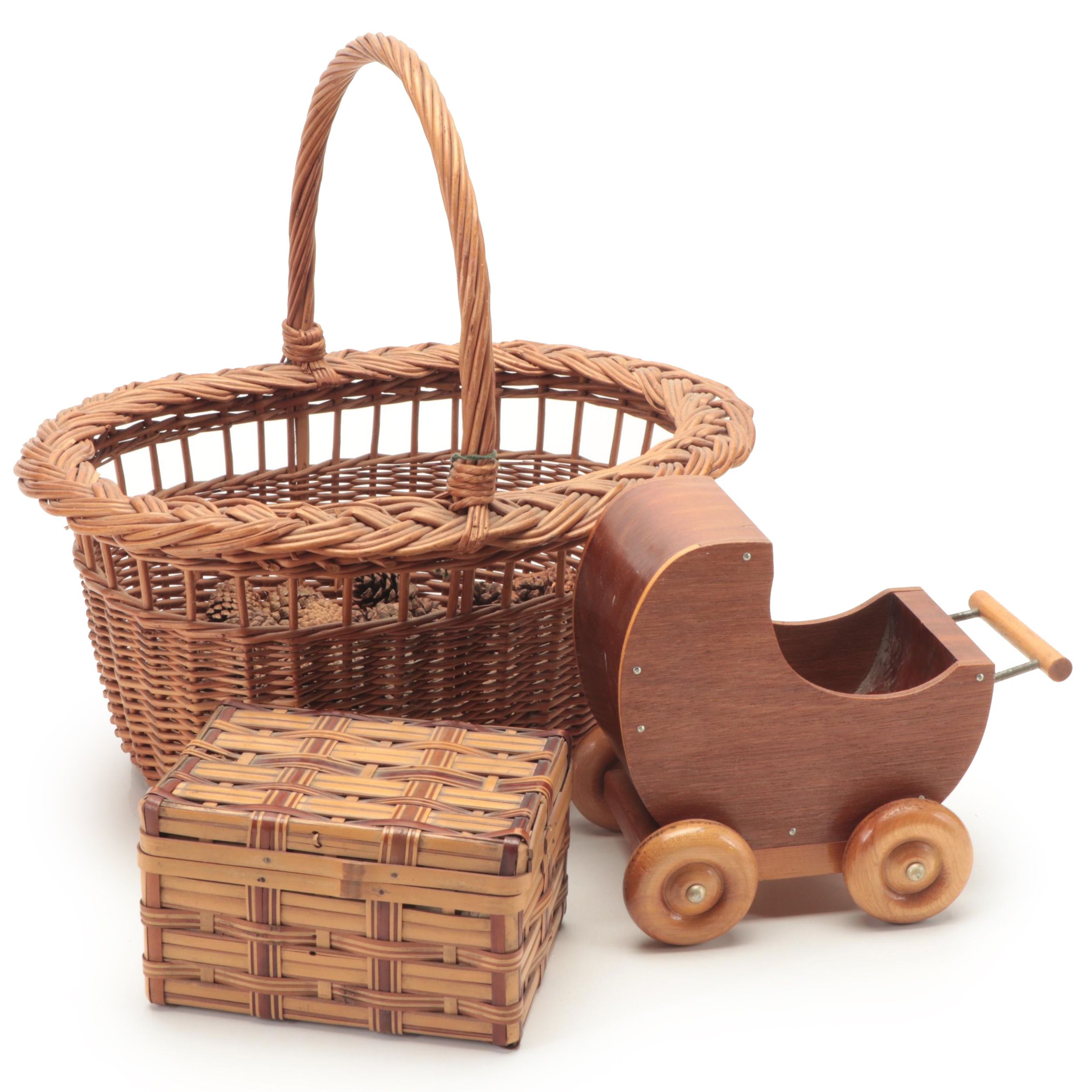 Wicker Sewing Box with Basket, Baby Carriage Toy and Embroidered Owl Pin Cushion