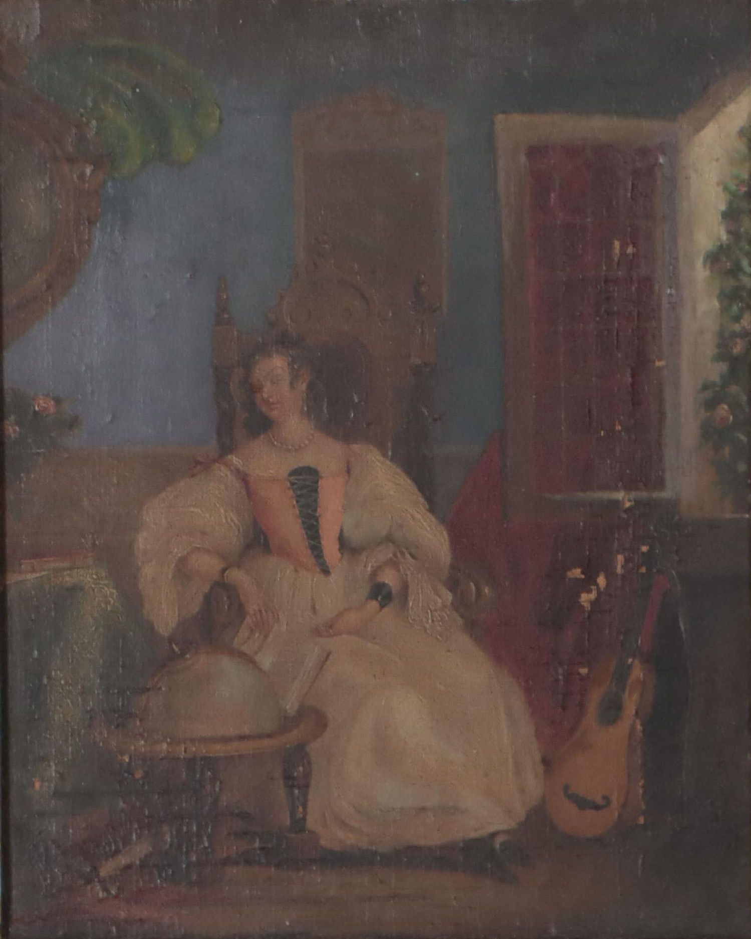 Oil Painting of Woman Dozing in Parlor