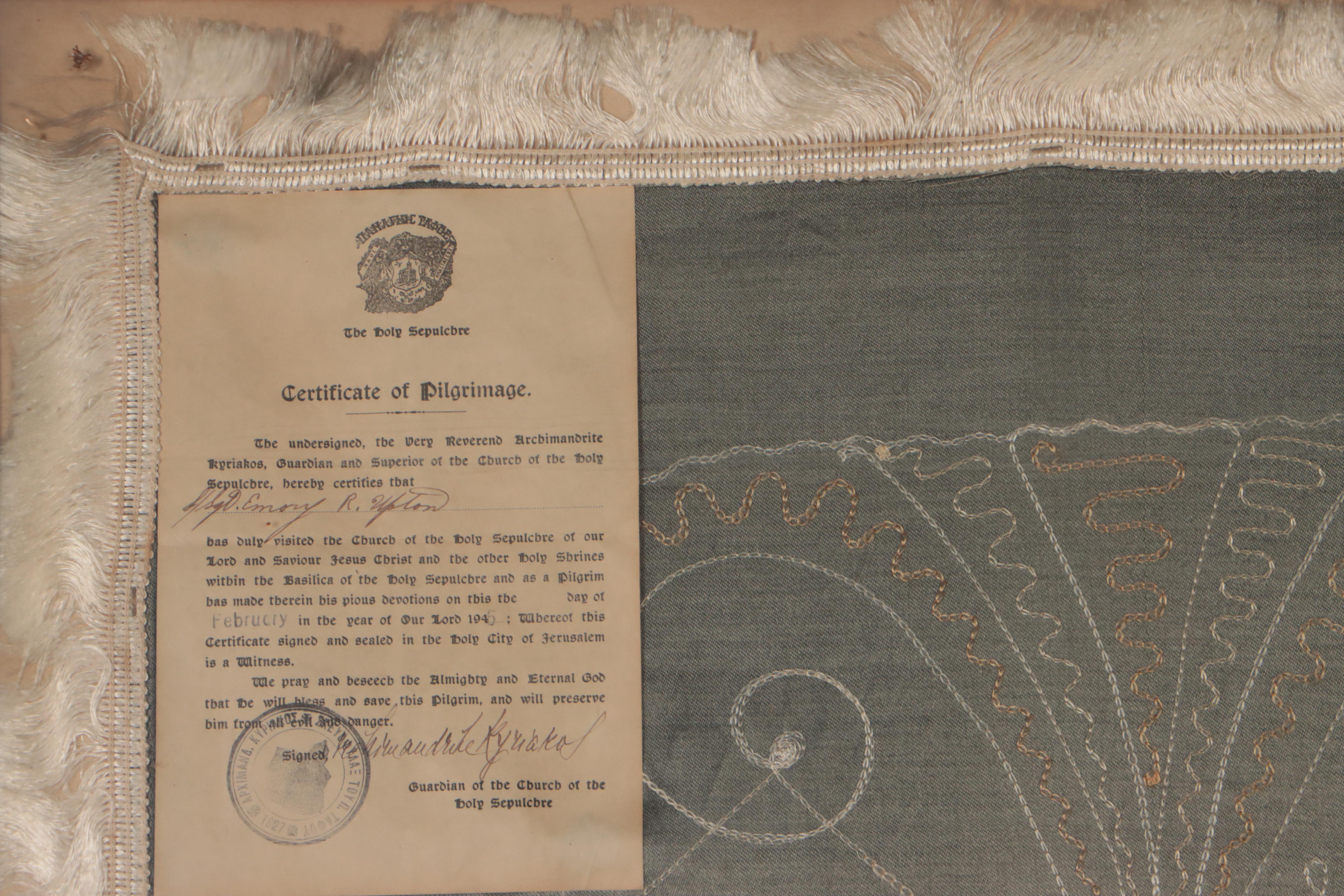 Embroidered Panel Certificate of Pilgrimage of Holy Sepulchre, 1945