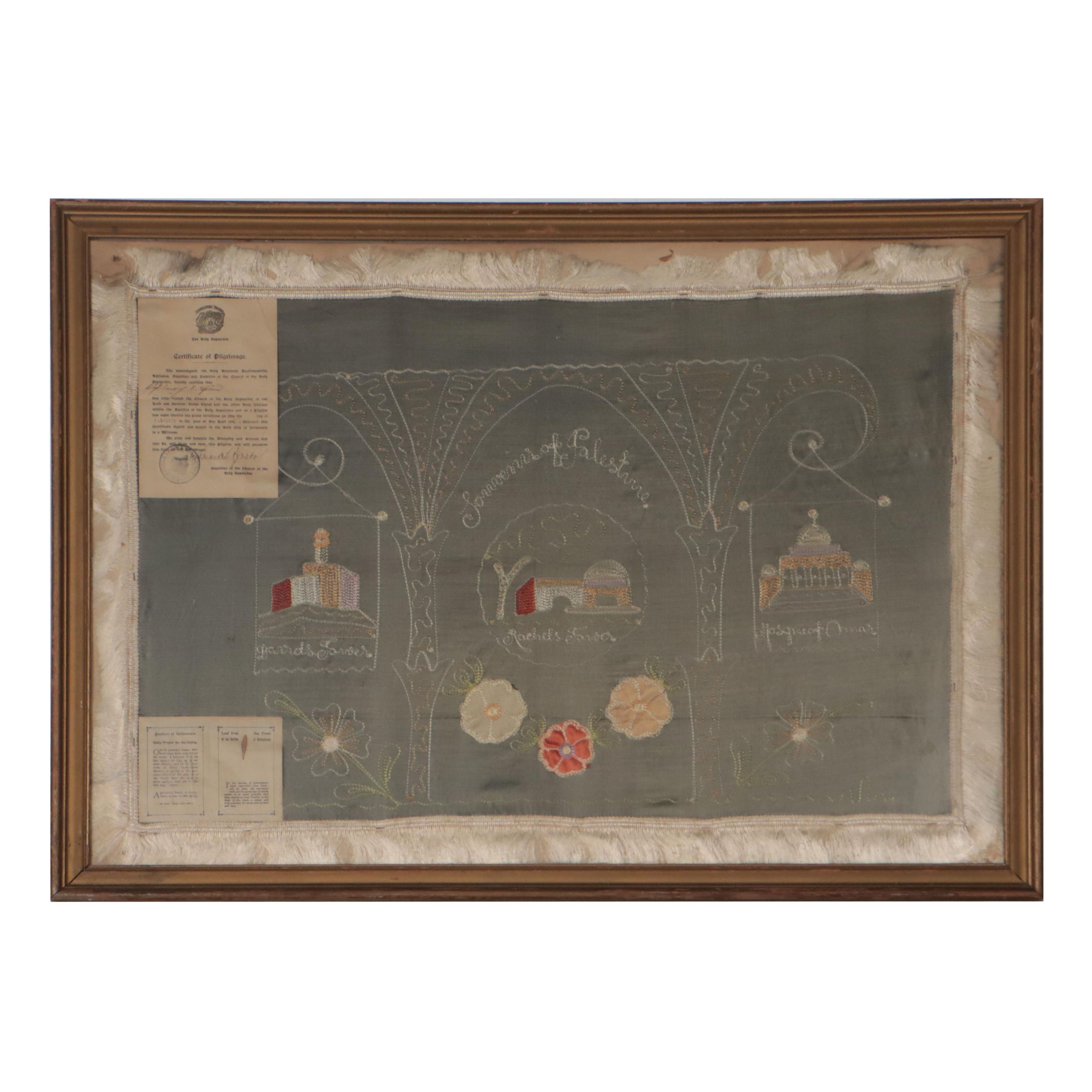 Embroidered Panel Certificate of Pilgrimage of Holy Sepulchre, 1945